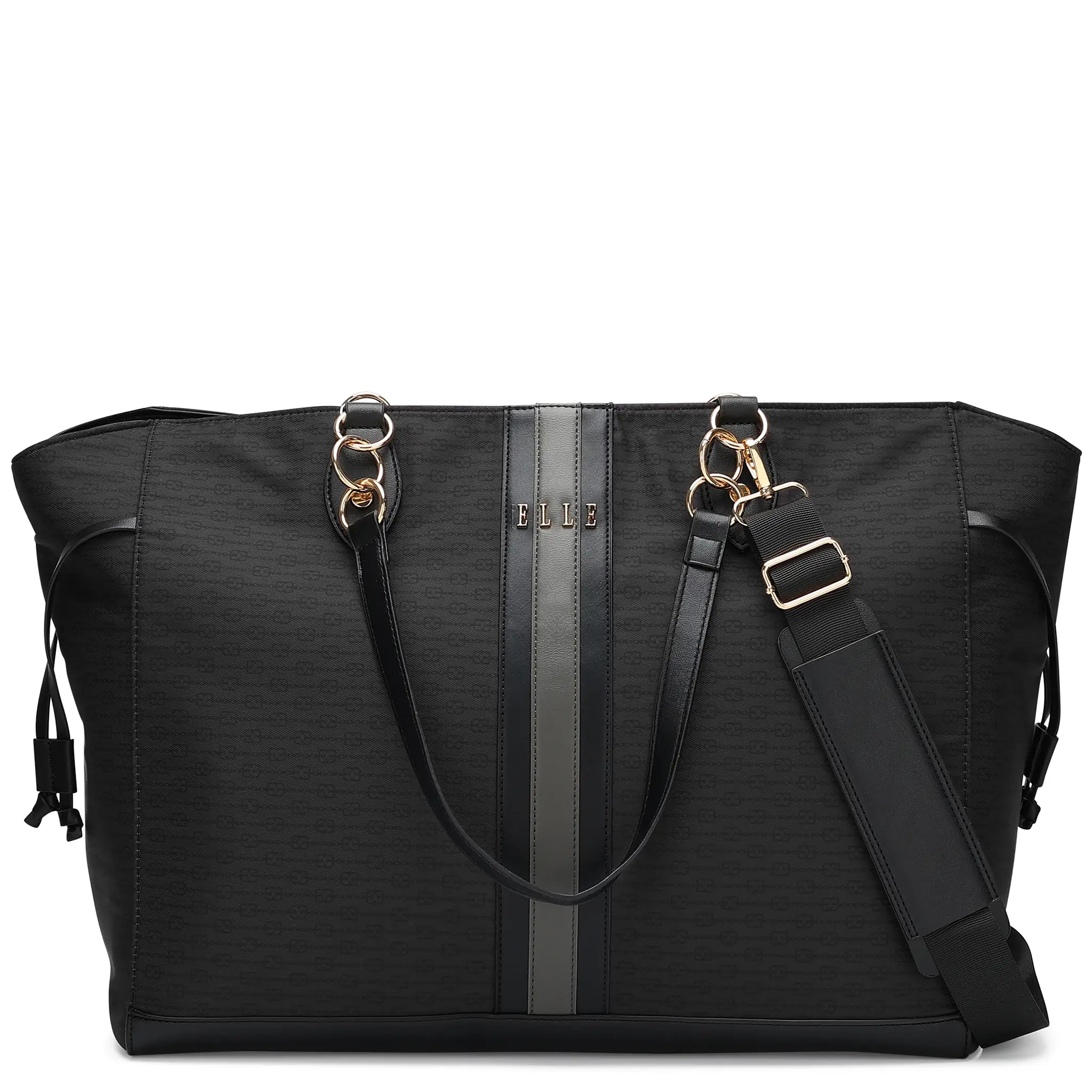 Black tote bag with a visible brand logo on a white background