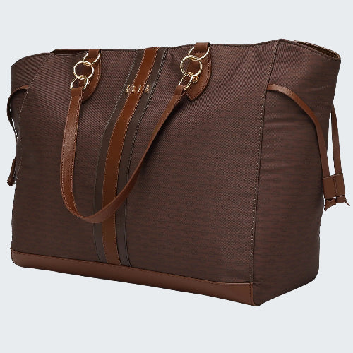 Brown tote bag with leather straps on a white background