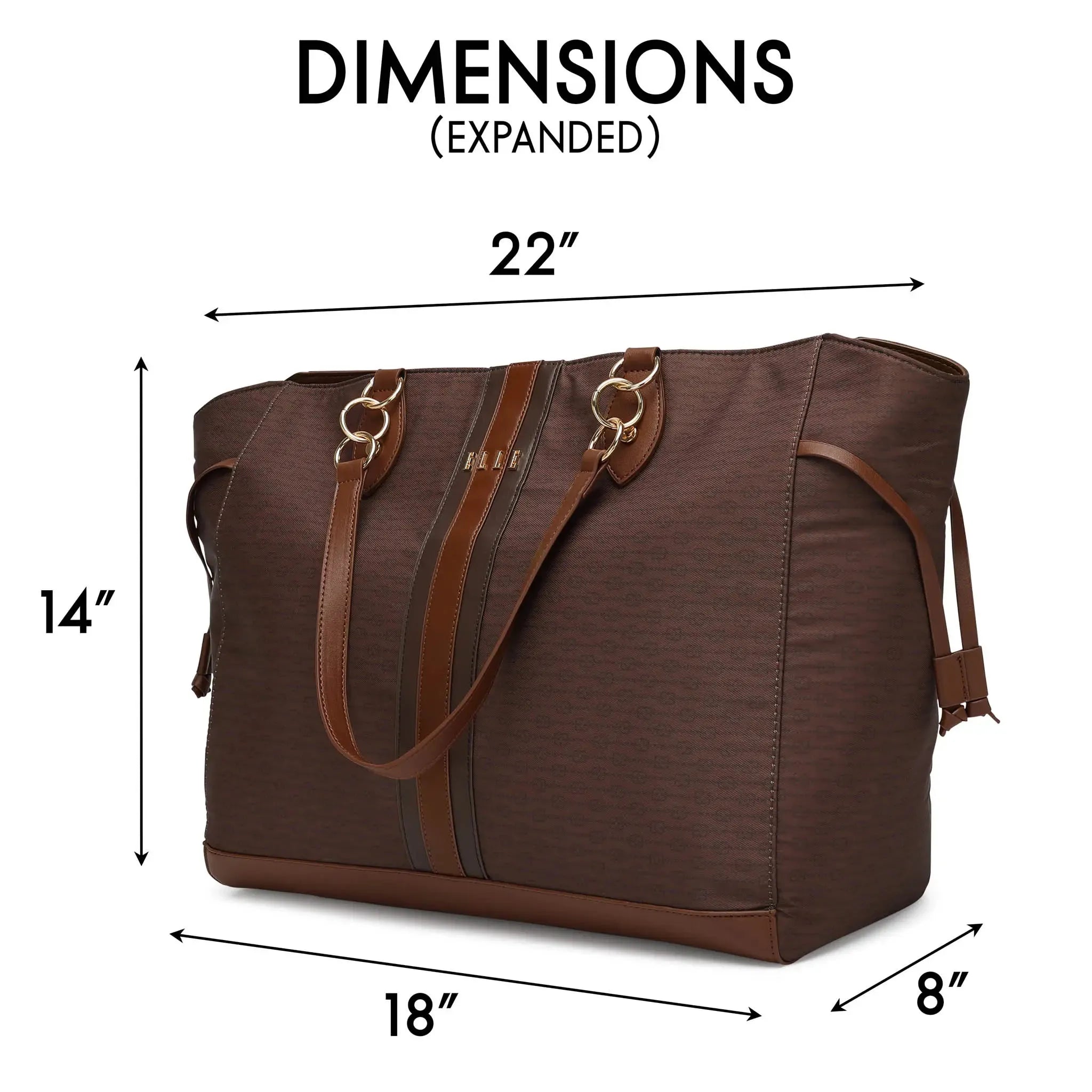 Brown tote bag with dimensions labeled on a white background