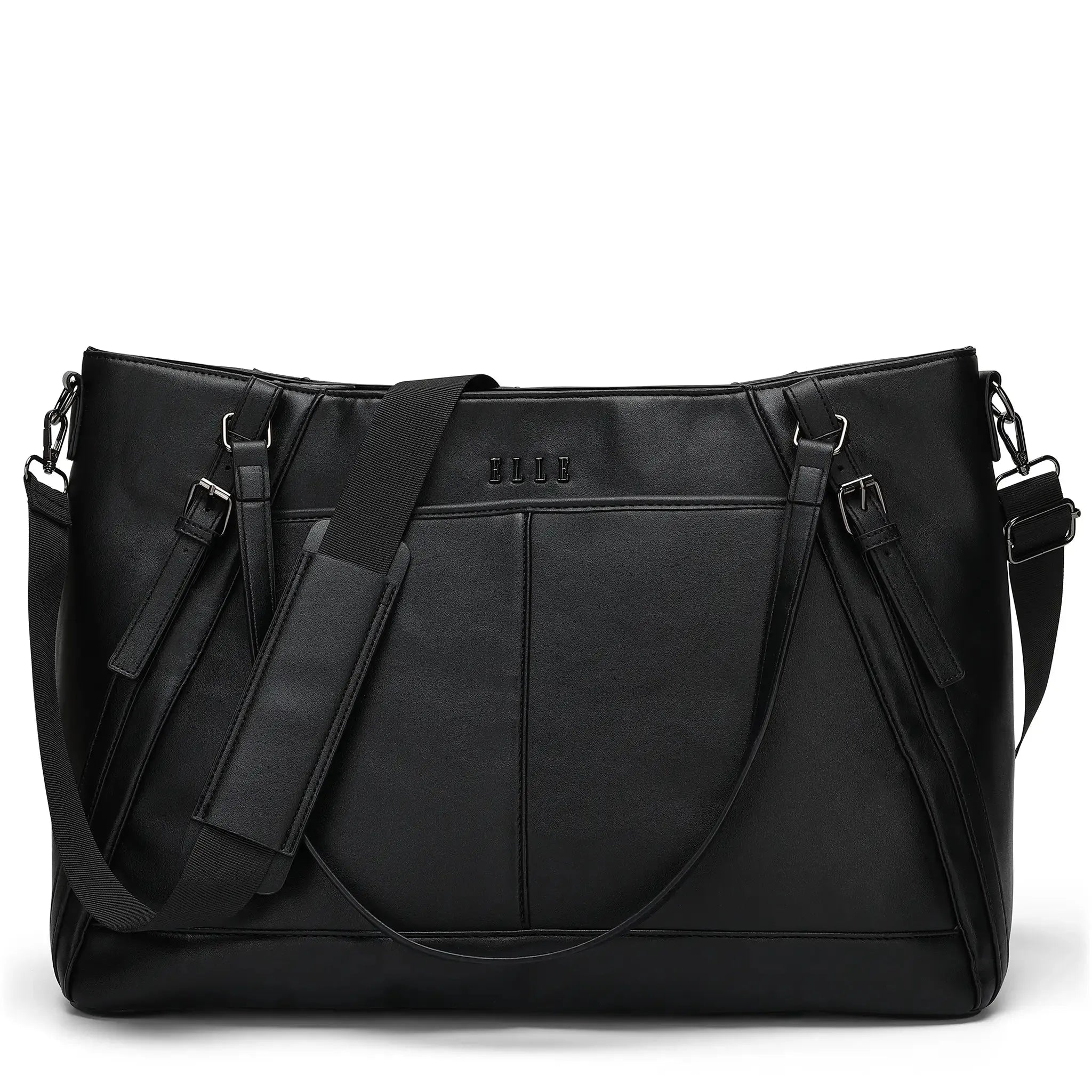 Black leather tote bag with shoulder straps on a white background