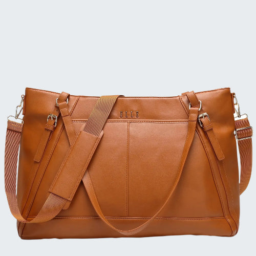 Brown leather bag with a shoulder strap on a white background