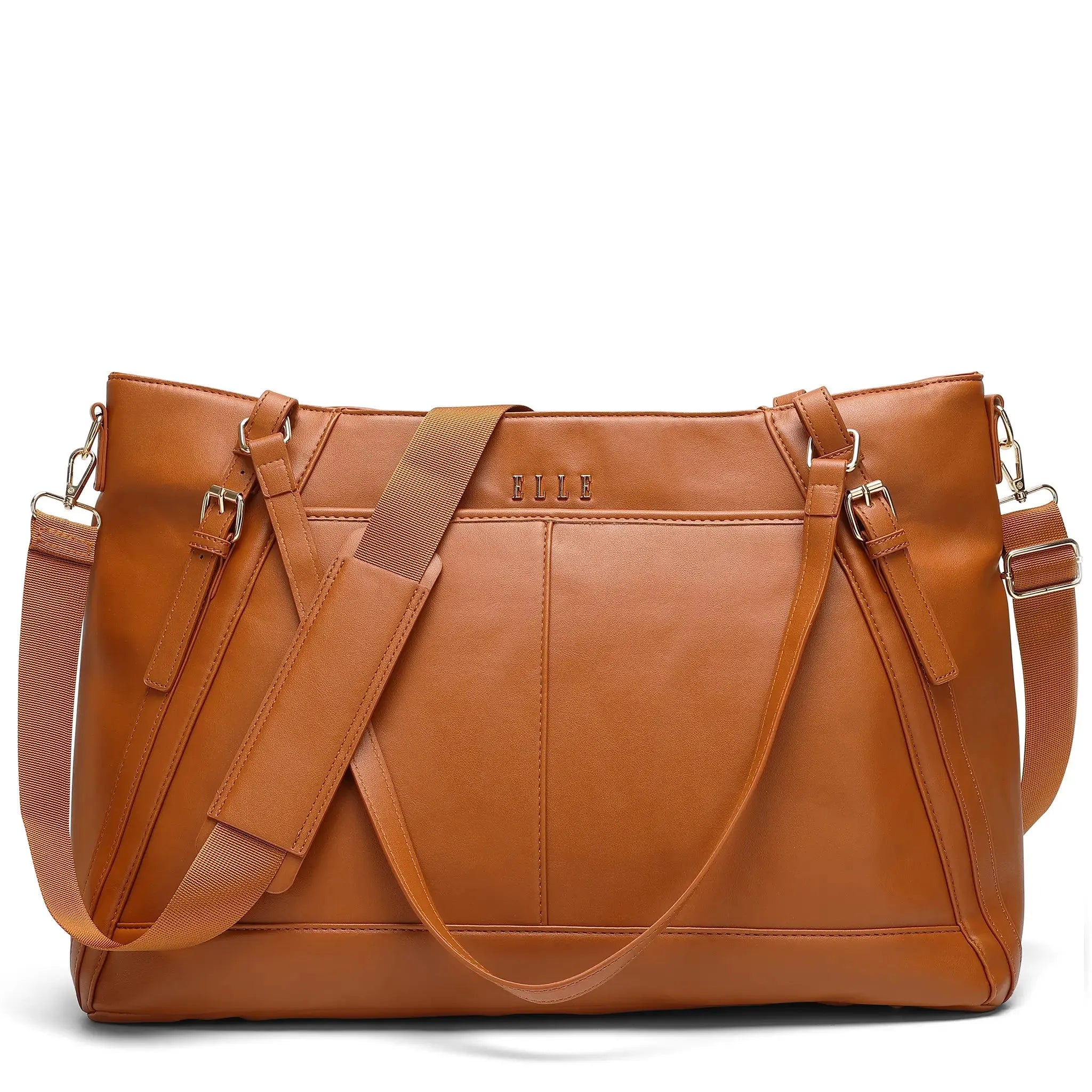 Brown leather bag with a shoulder strap on a white background