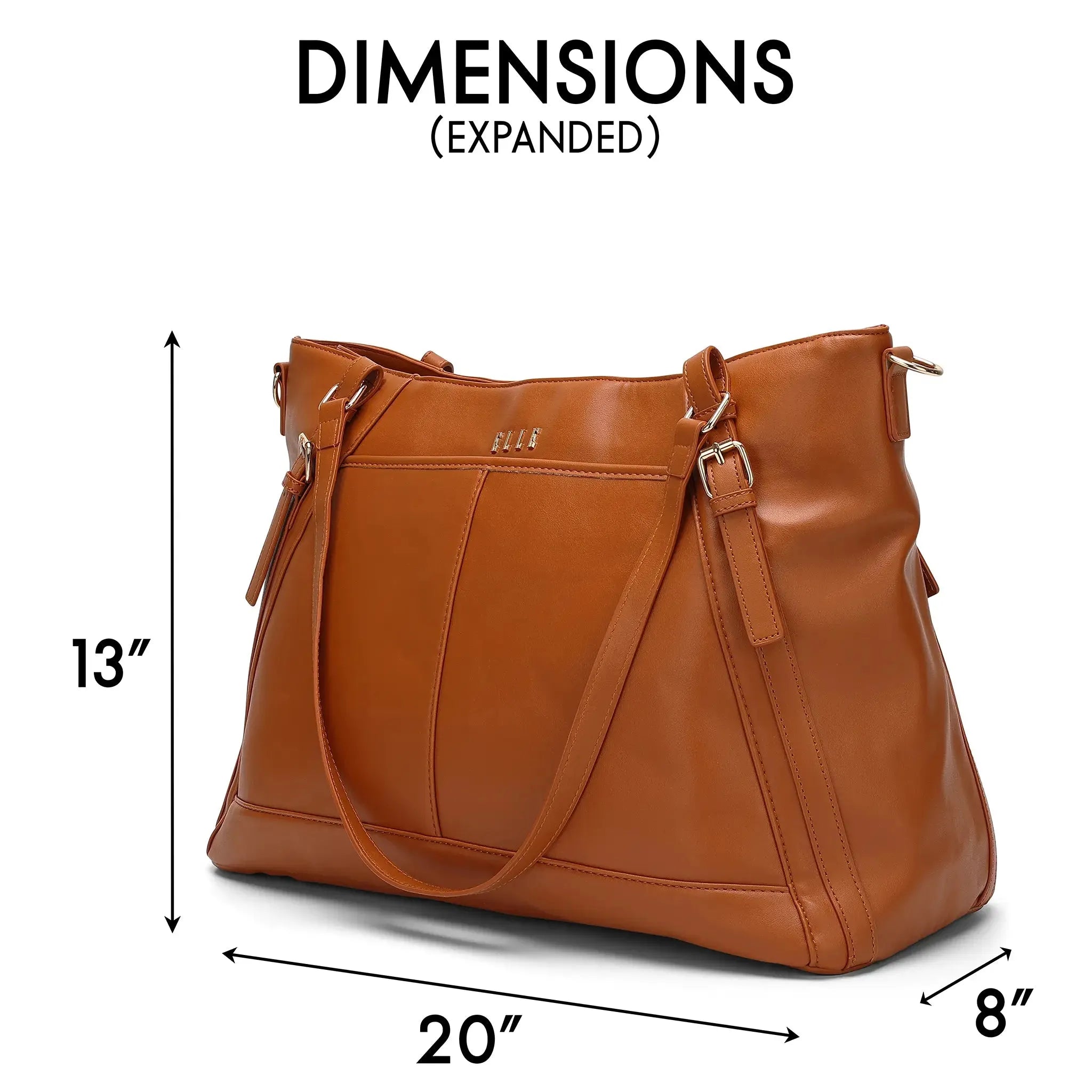Brown leather handbag with dimensions labeled on a white background