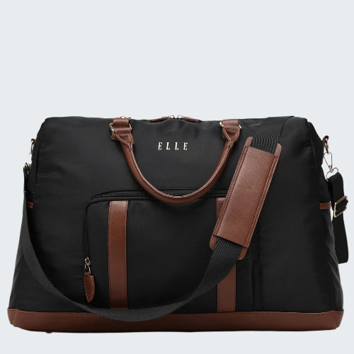 Black duffel bag with brown accents and 'ELLE' branding on a white background