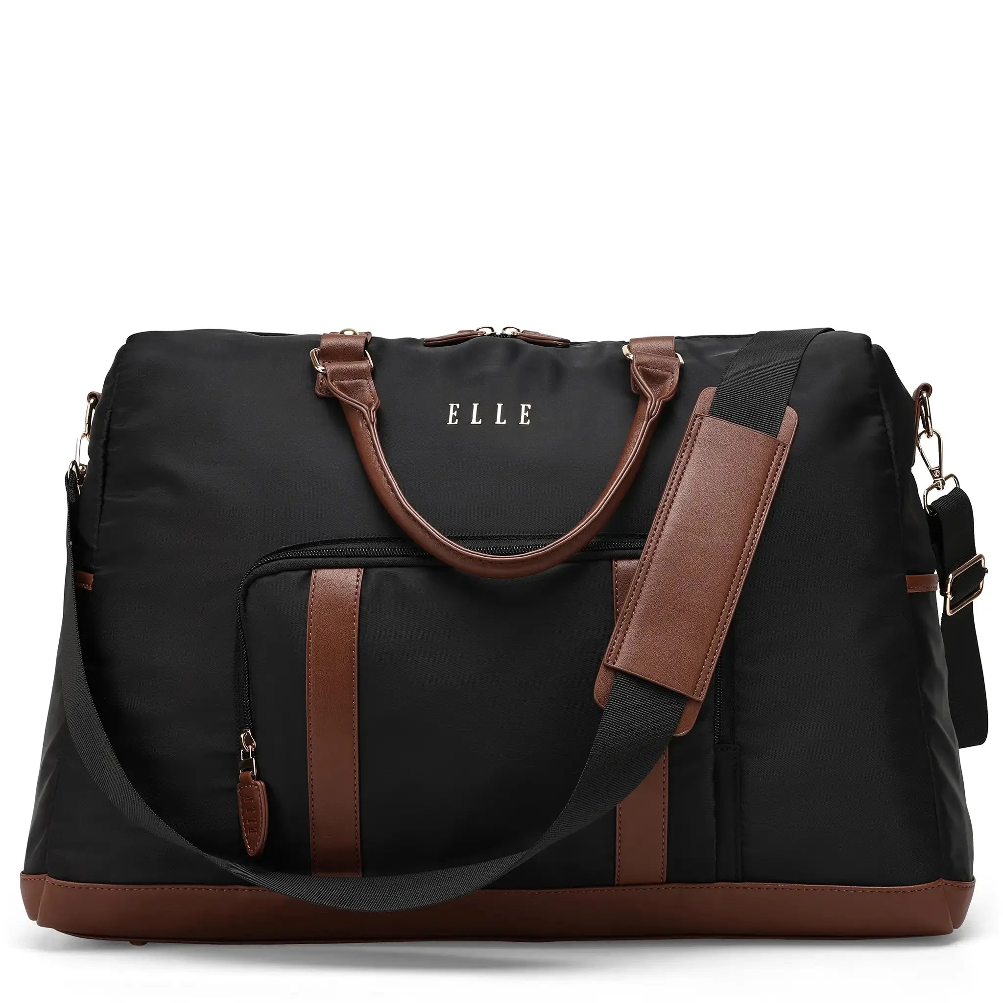 Black duffel bag with brown accents and 'ELLE' branding on a white background