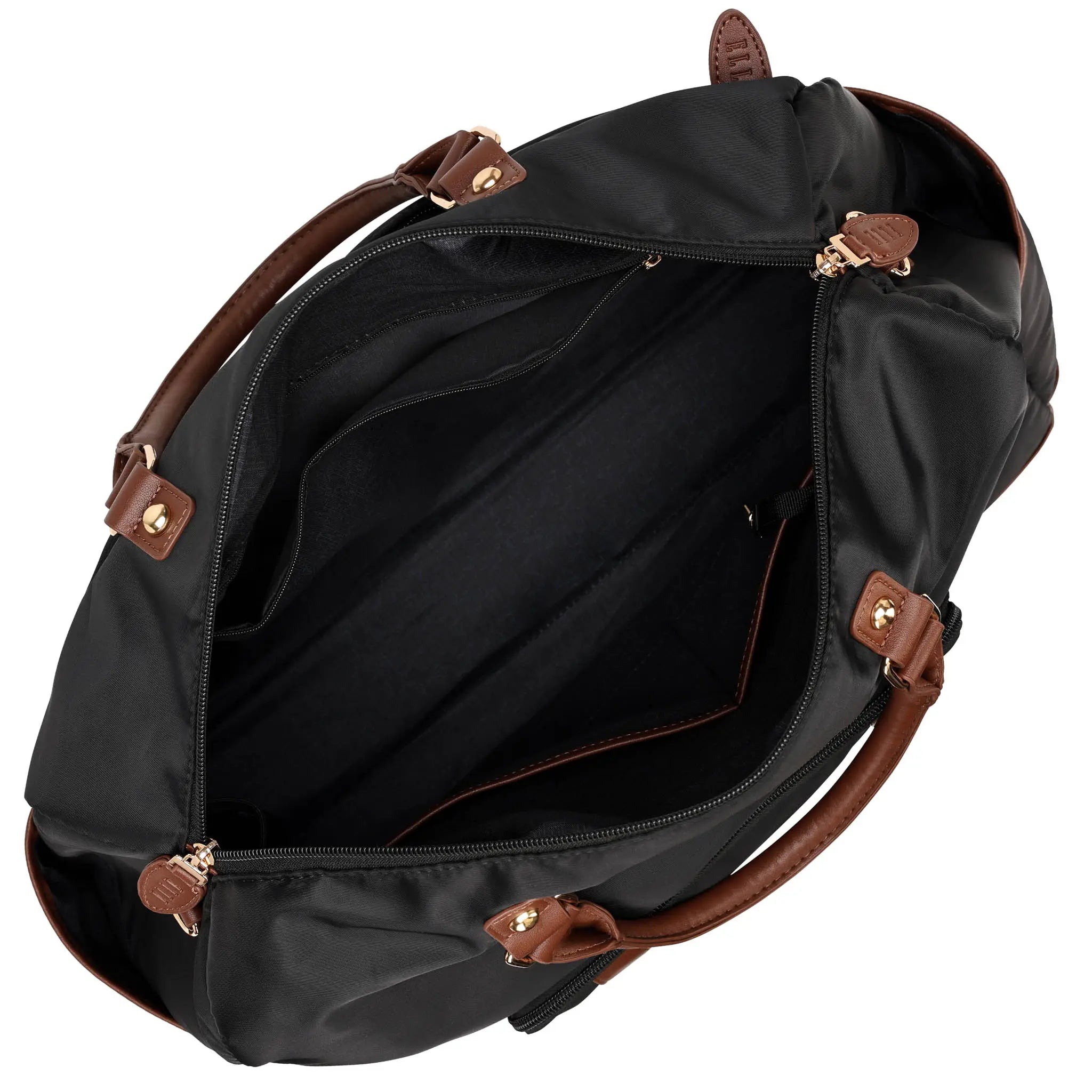 Black bag with brown handles and trim on a white background