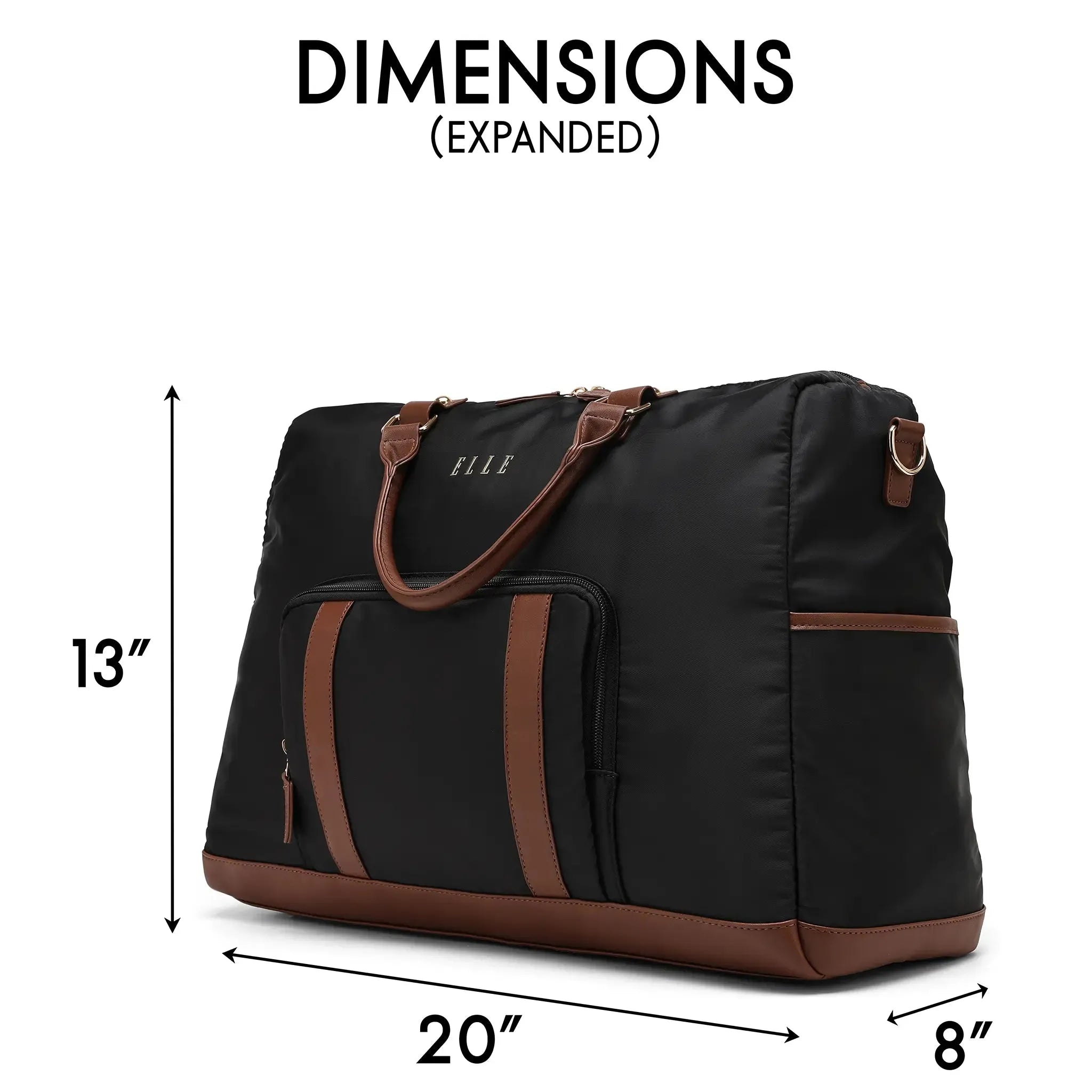 Black duffel bag with brown accents and dimensions labeled on a white background