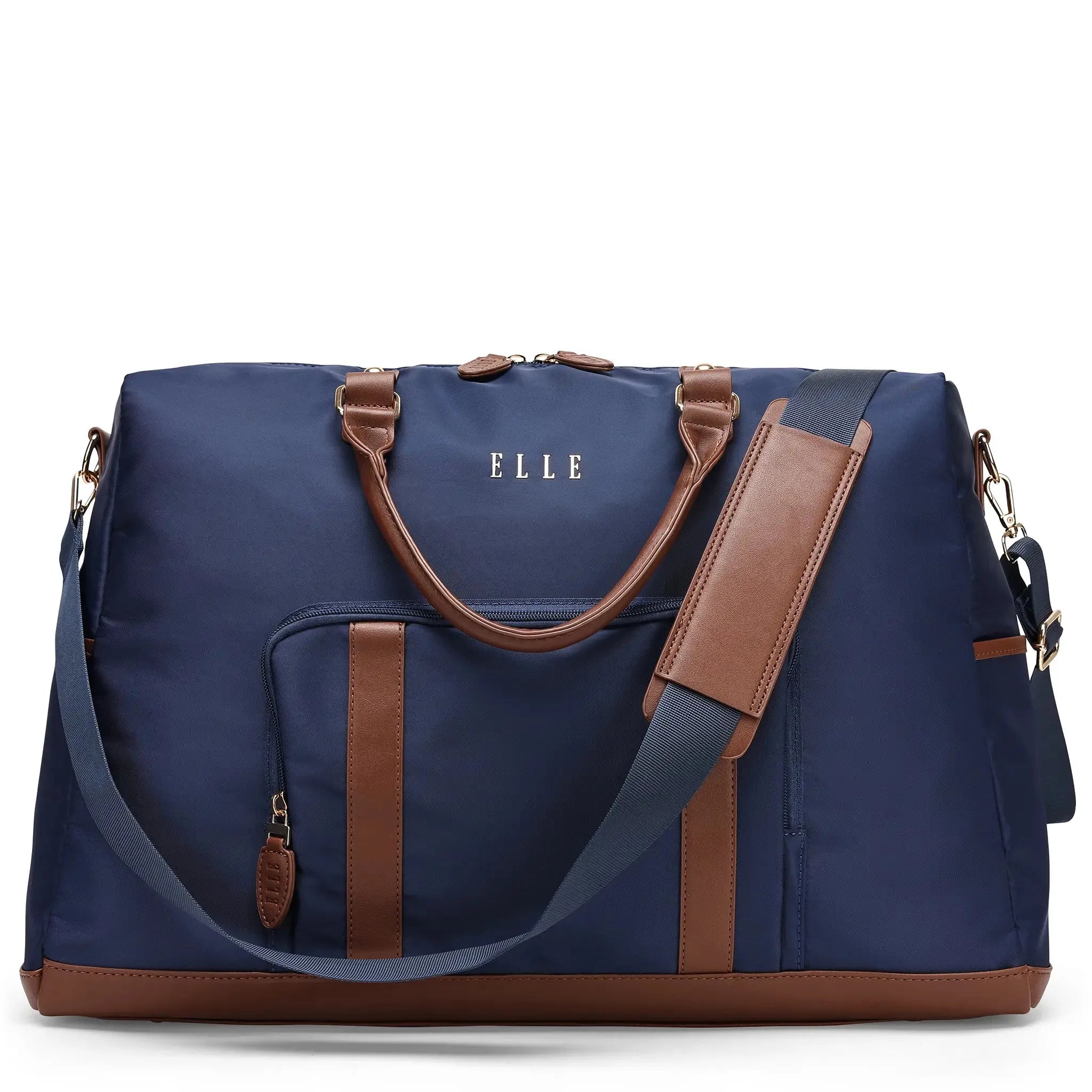 Blue duffel bag with brown accents and 'ELLE' branding on a white background