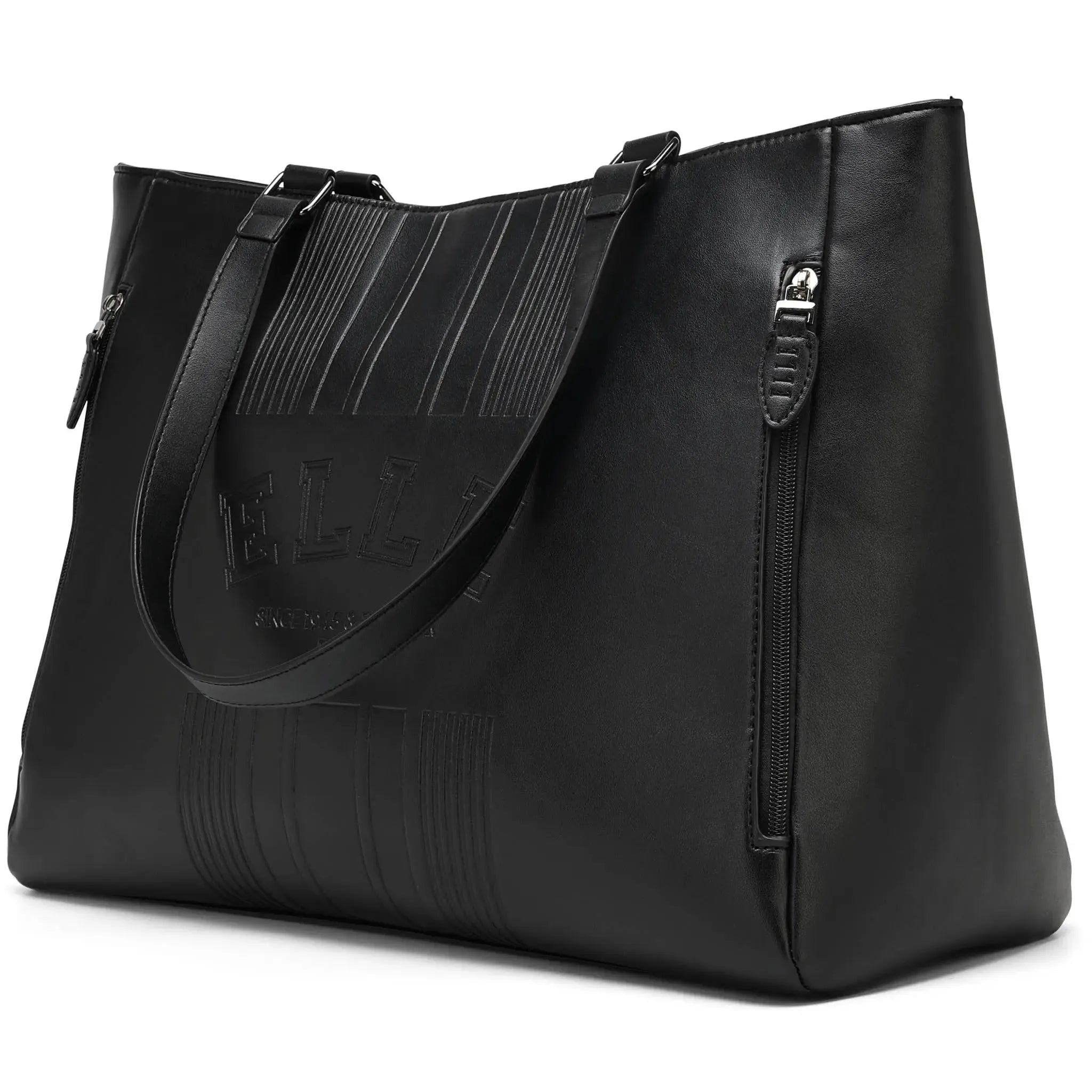Black leather handbag with a visible brand logo on a white background