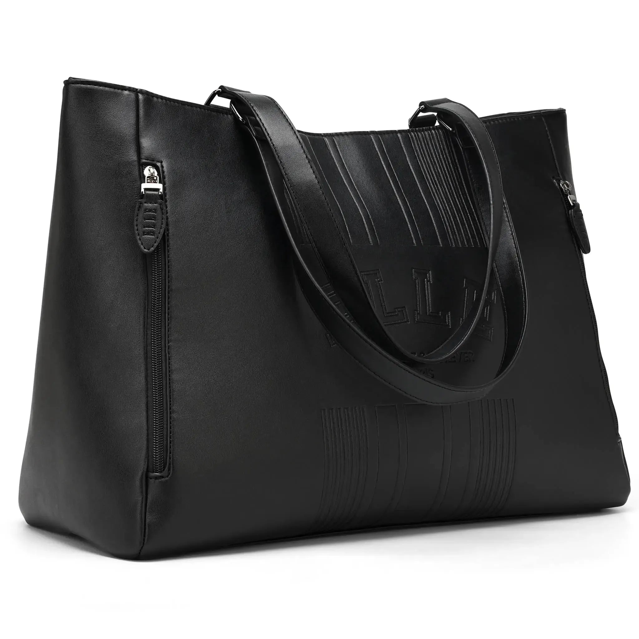 Black leather handbag with a strap on a white background