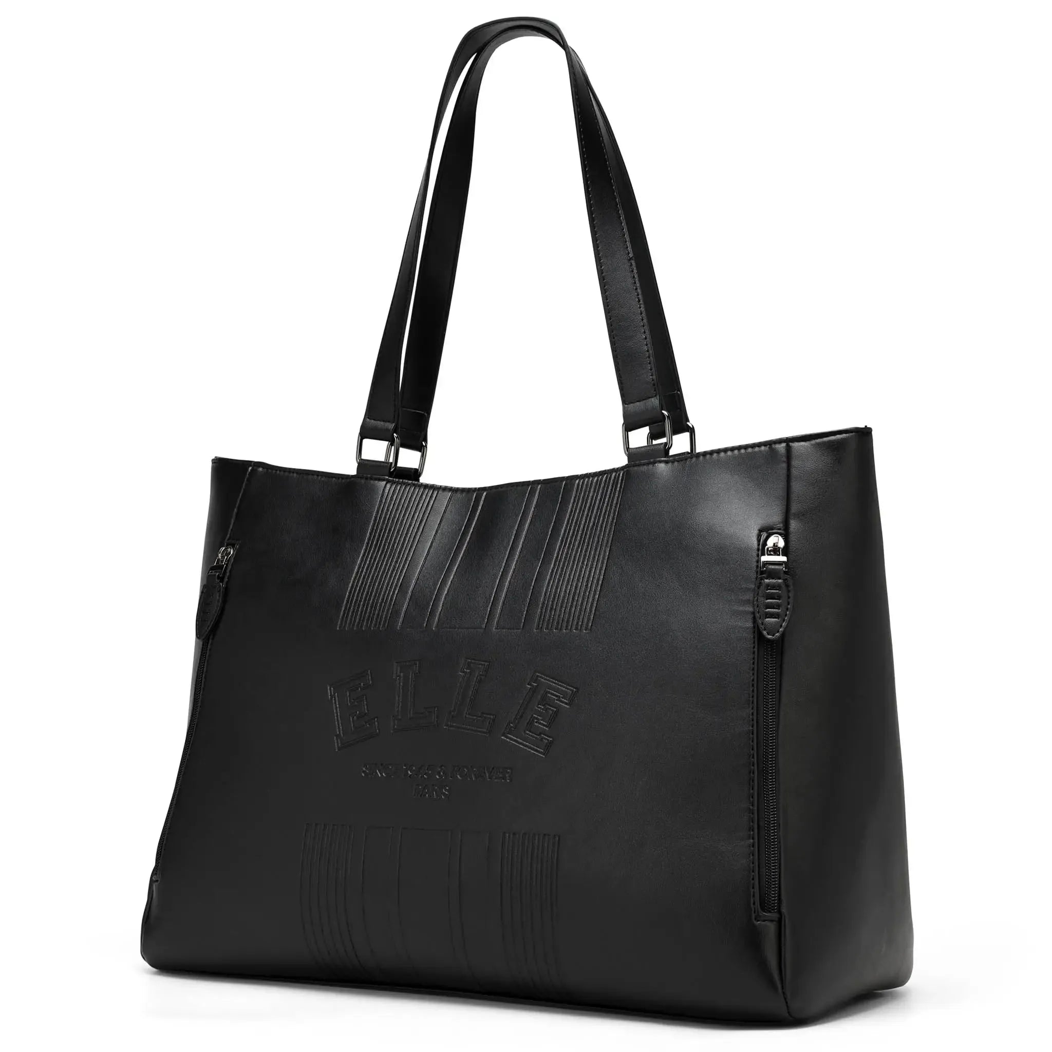 Black leather handbag with visible branding on a white background