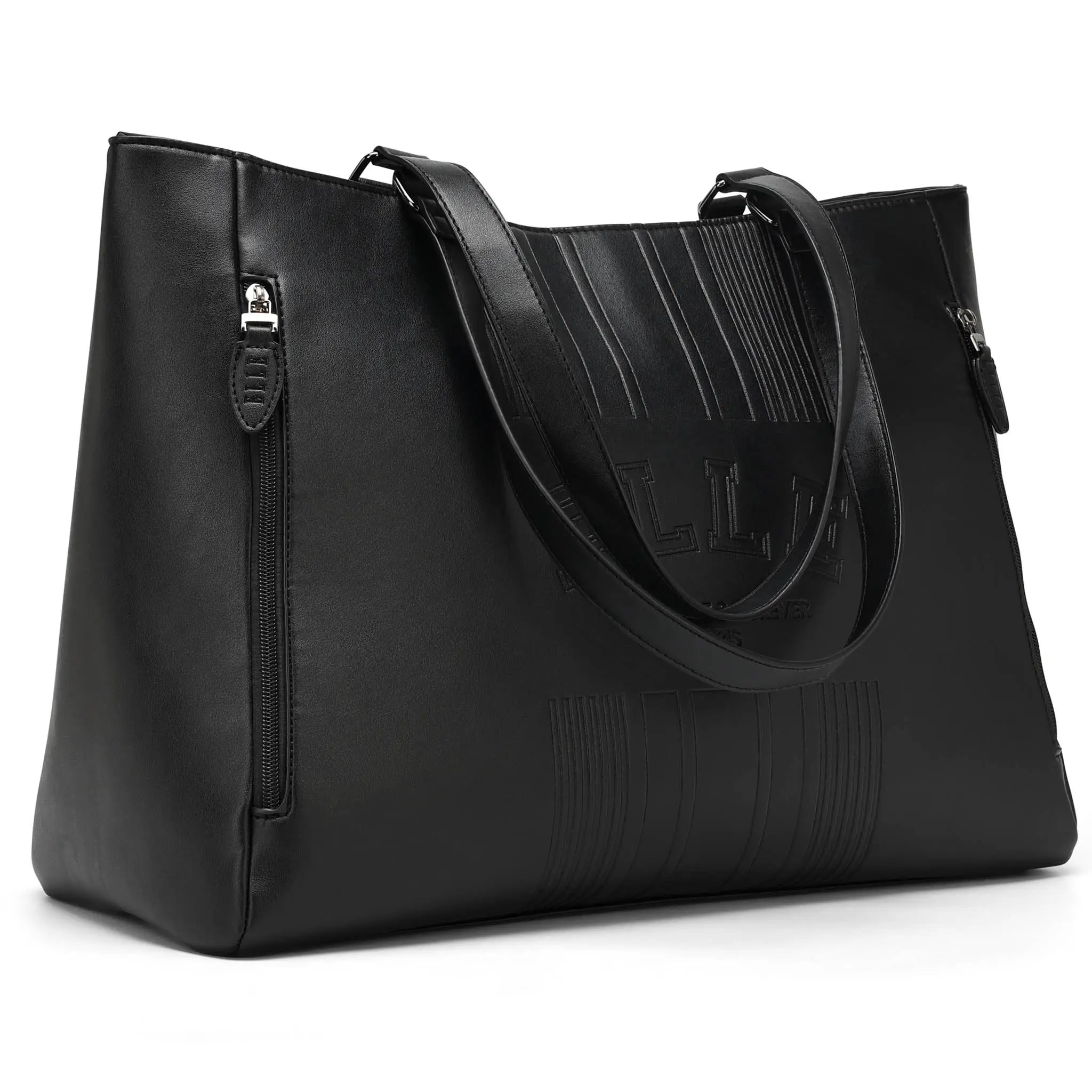 Black leather handbag with a shoulder strap on a white background