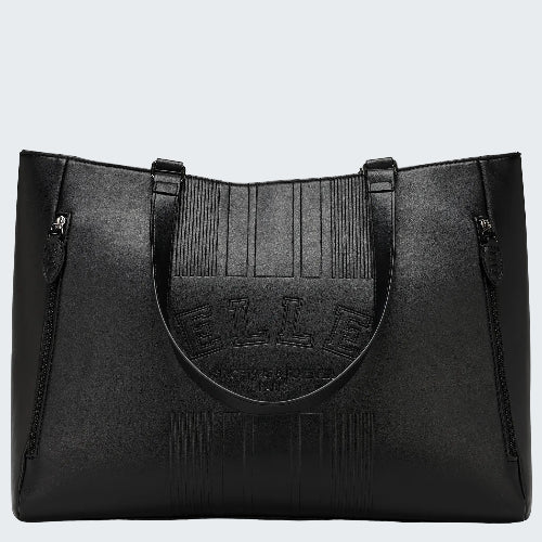 Black handbag with 'ELLE' branding on a white background