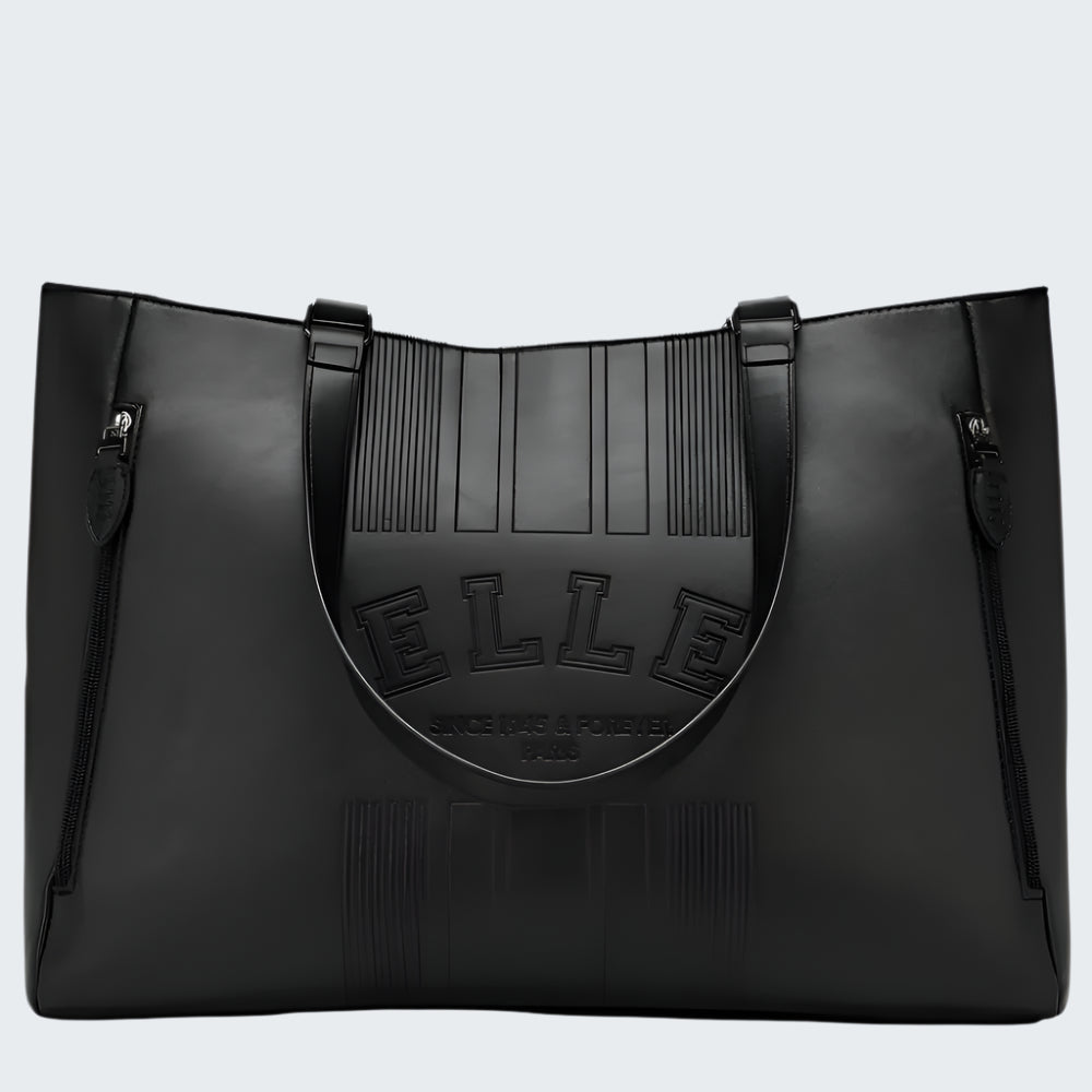 Black leather handbag with 'ELLE' branding on a white background