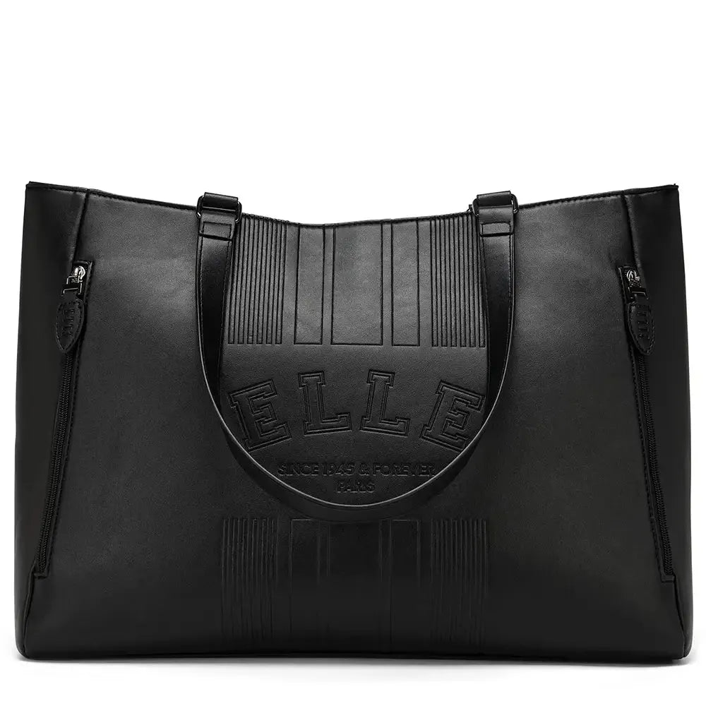Black leather handbag with 'ELLE' branding on a white background