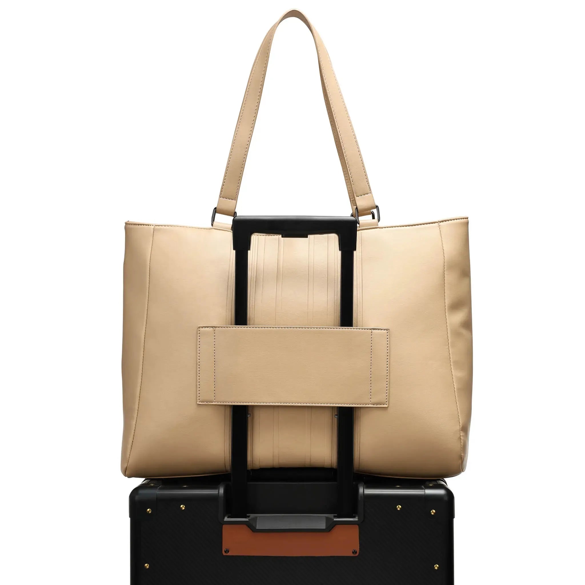 Beige handbag with black handle on a white background