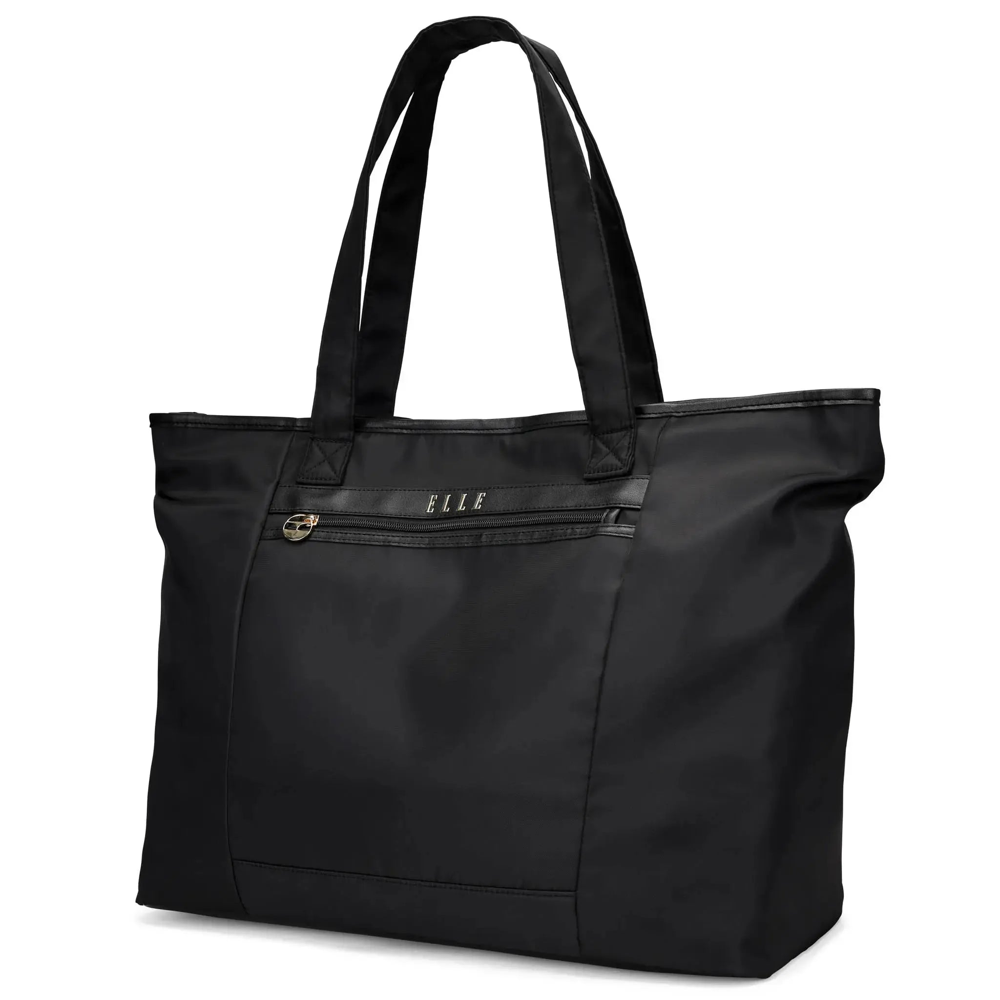 Black tote bag with 'ELLE' branding on a white background