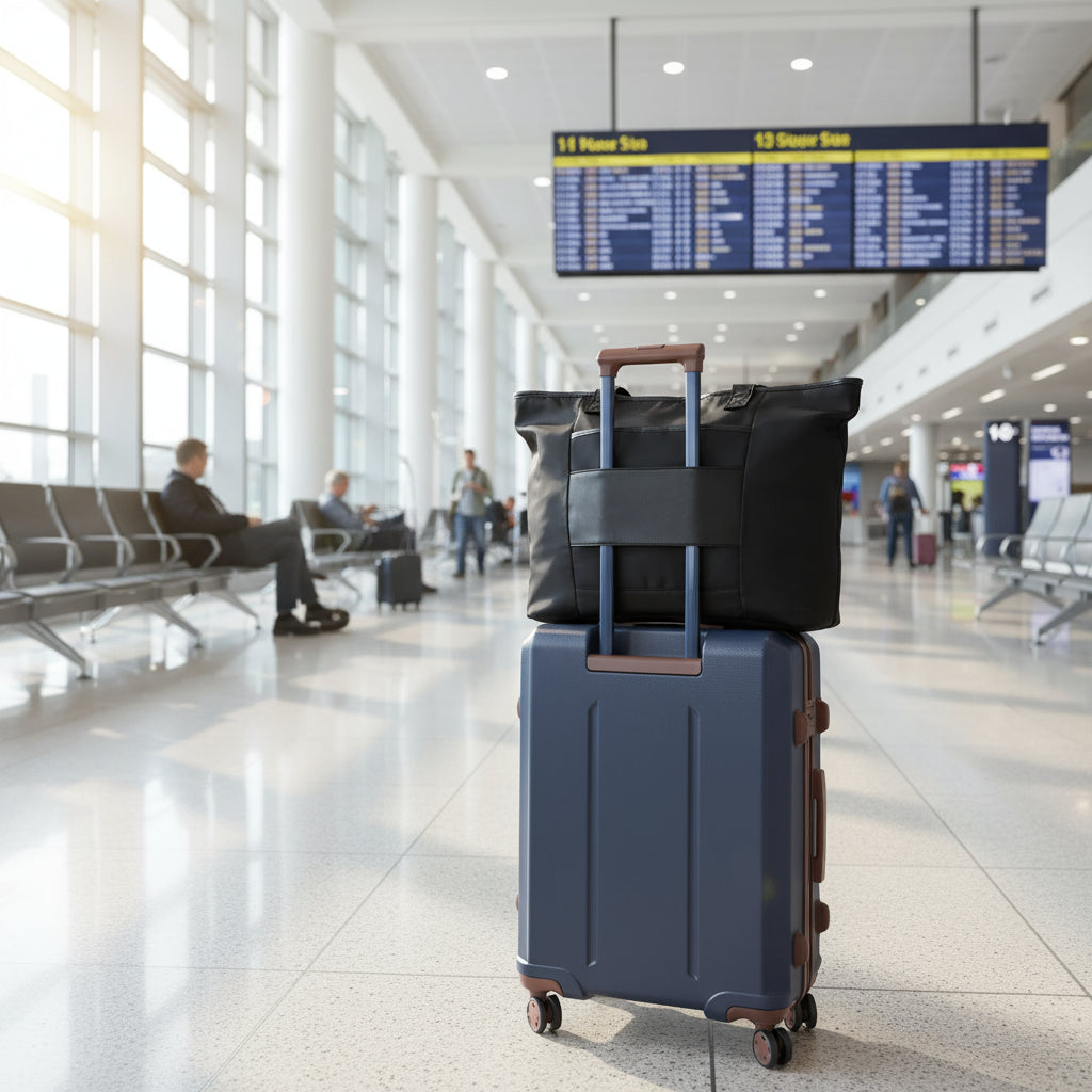 Black bag with blue handle on top of a blue suitcase