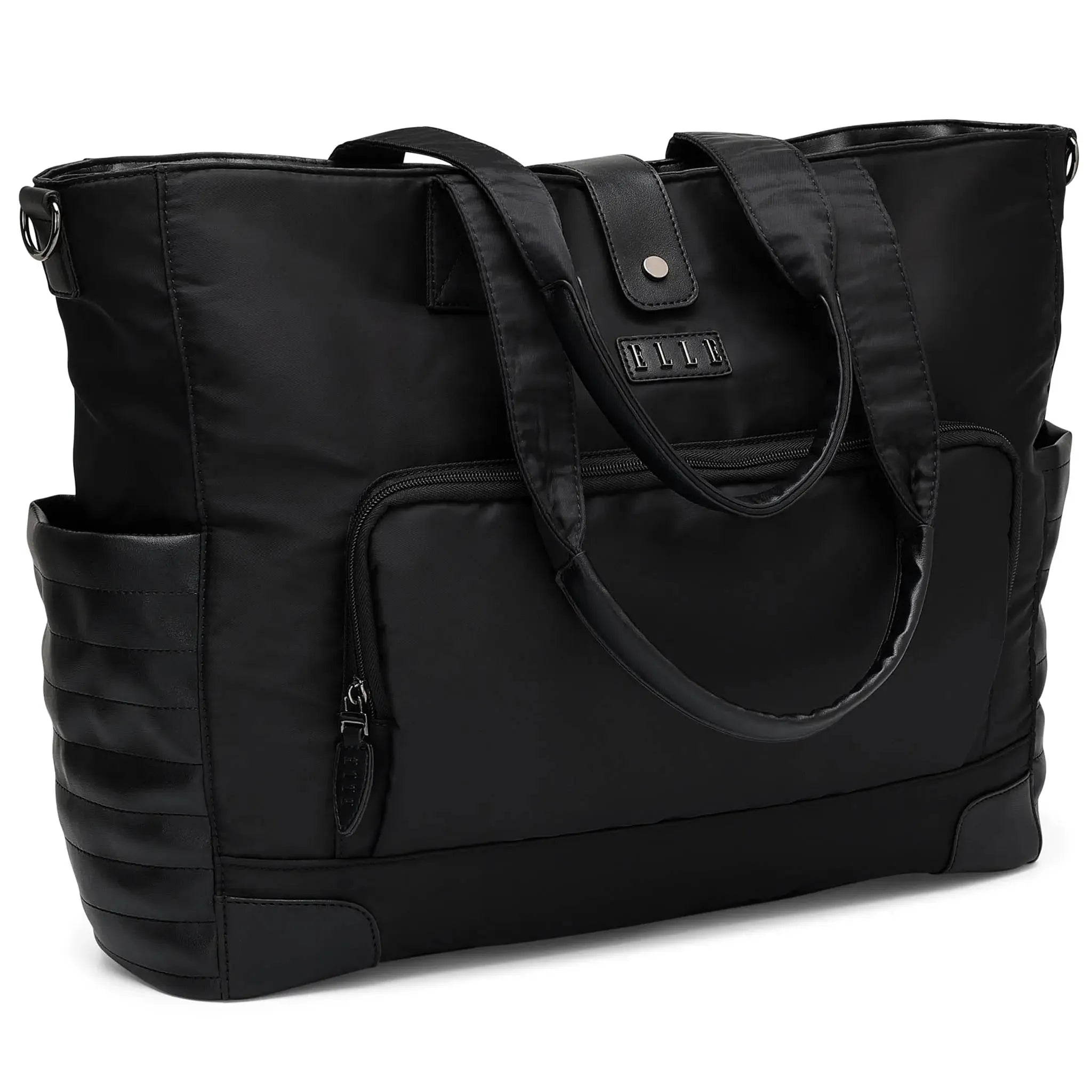 Black tote bag with multiple pockets and a handle on a white background