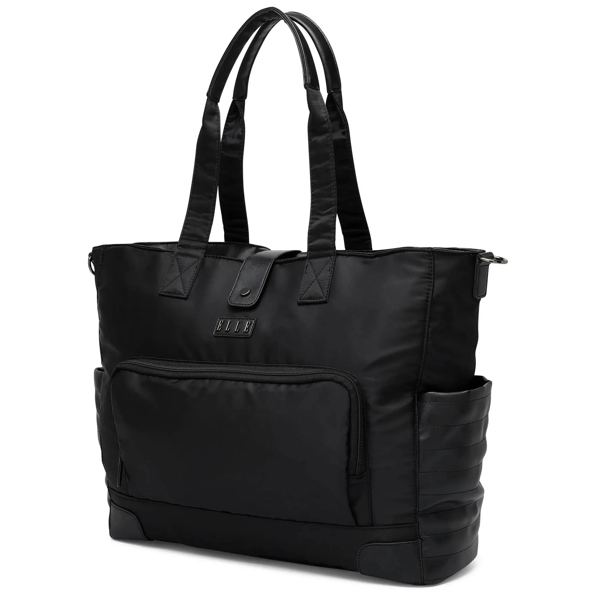 Black tote bag with multiple pockets on a white background