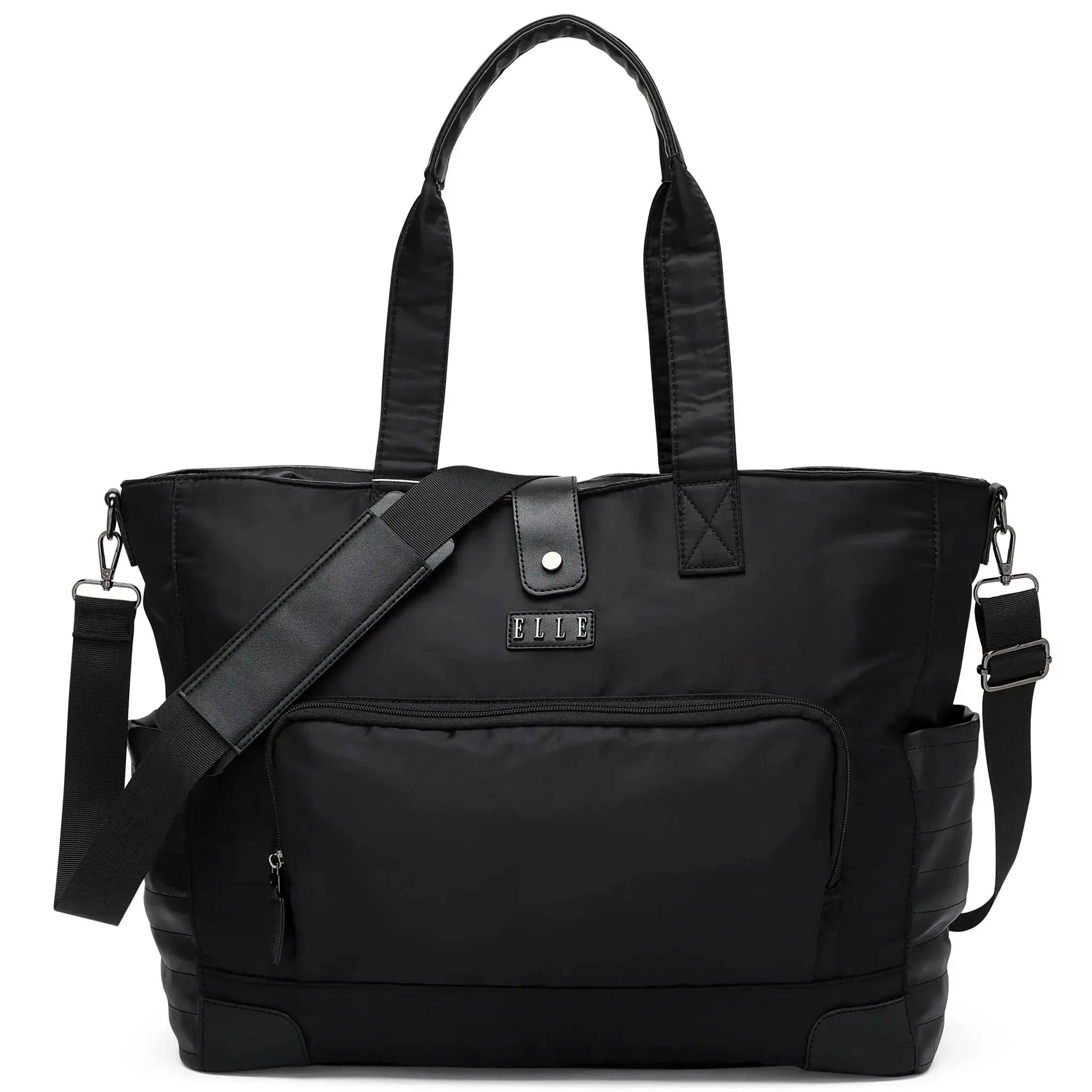 Black travel bag with shoulder strap on a white background