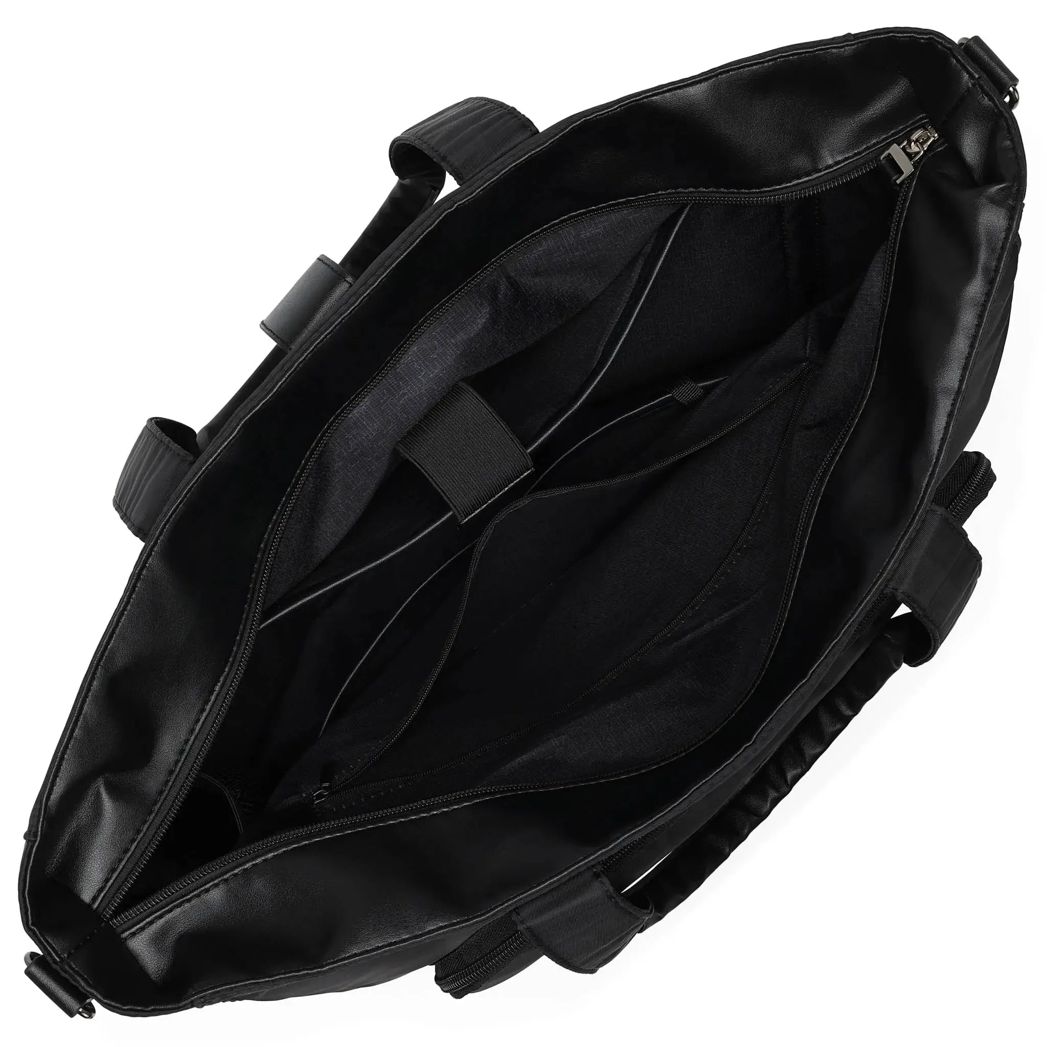 Black backpack with multiple straps on a white background