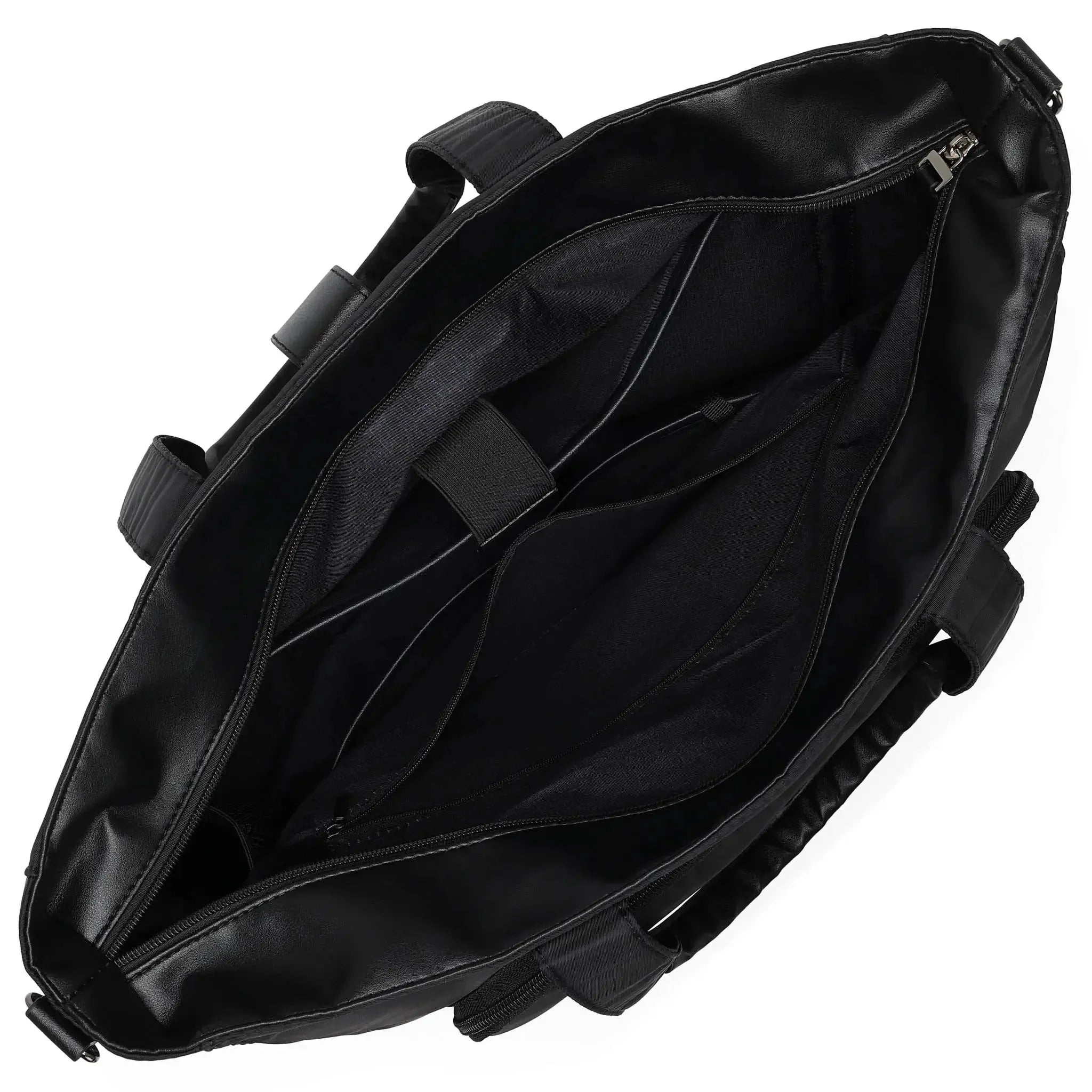 Black bag with multiple compartments on a white background