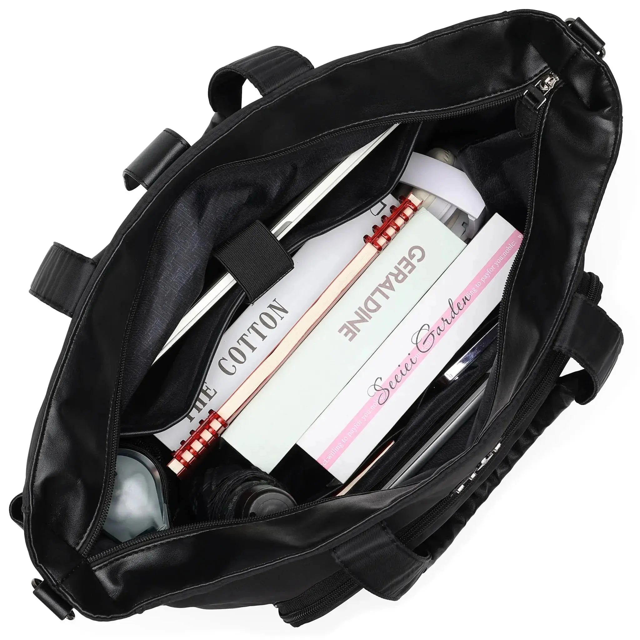 Black backpack with items including a notebook and a bottle.