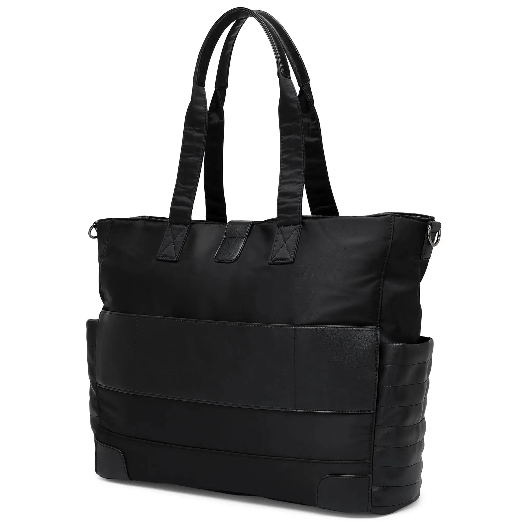 Black tote bag with multiple pockets on a white background