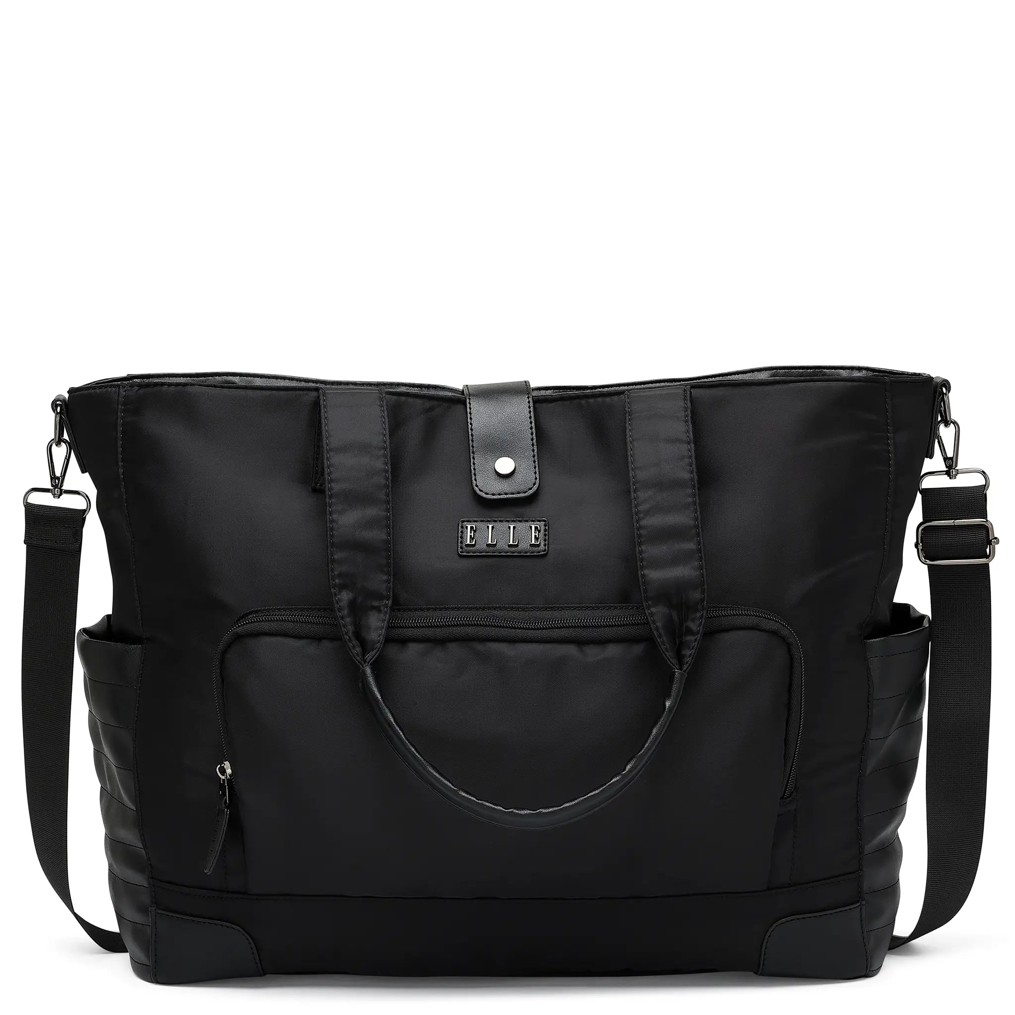 Black tote bag with multiple pockets and a shoulder strap on a white background
