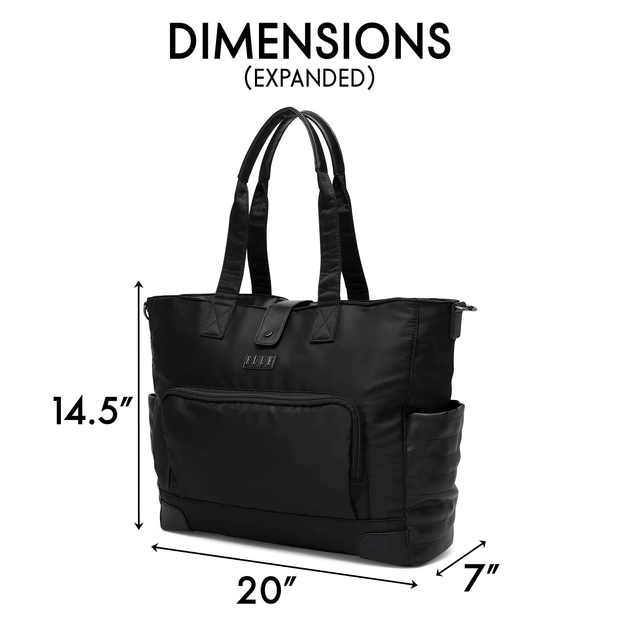 Black tote bag with dimensions labeled on a white background