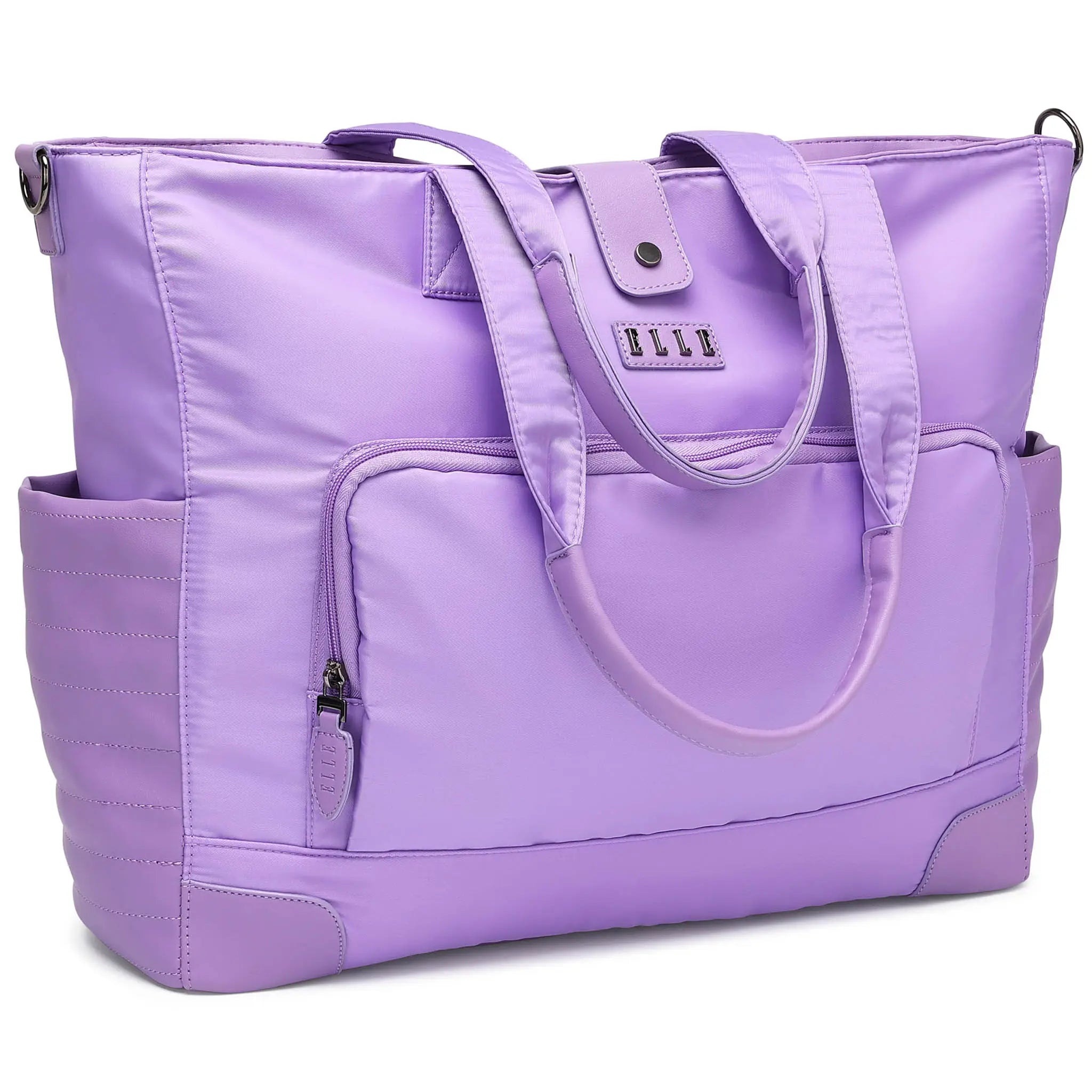 Purple tote bag with visible brand name on a white background