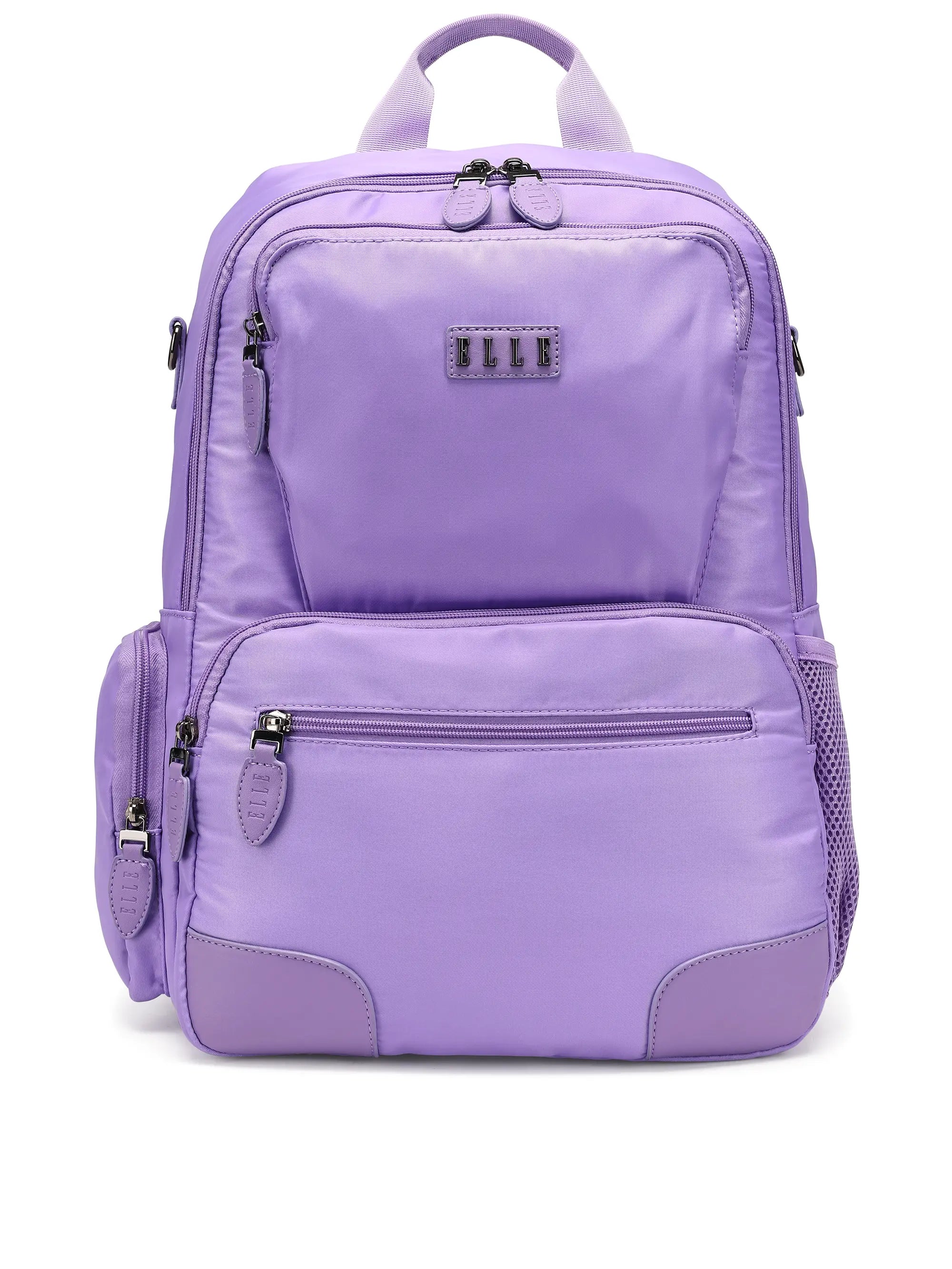 Purple backpack with multiple pockets and zippers on a white background