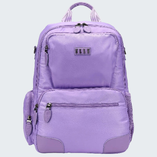 Purple backpack with a visible brand logo on a white background