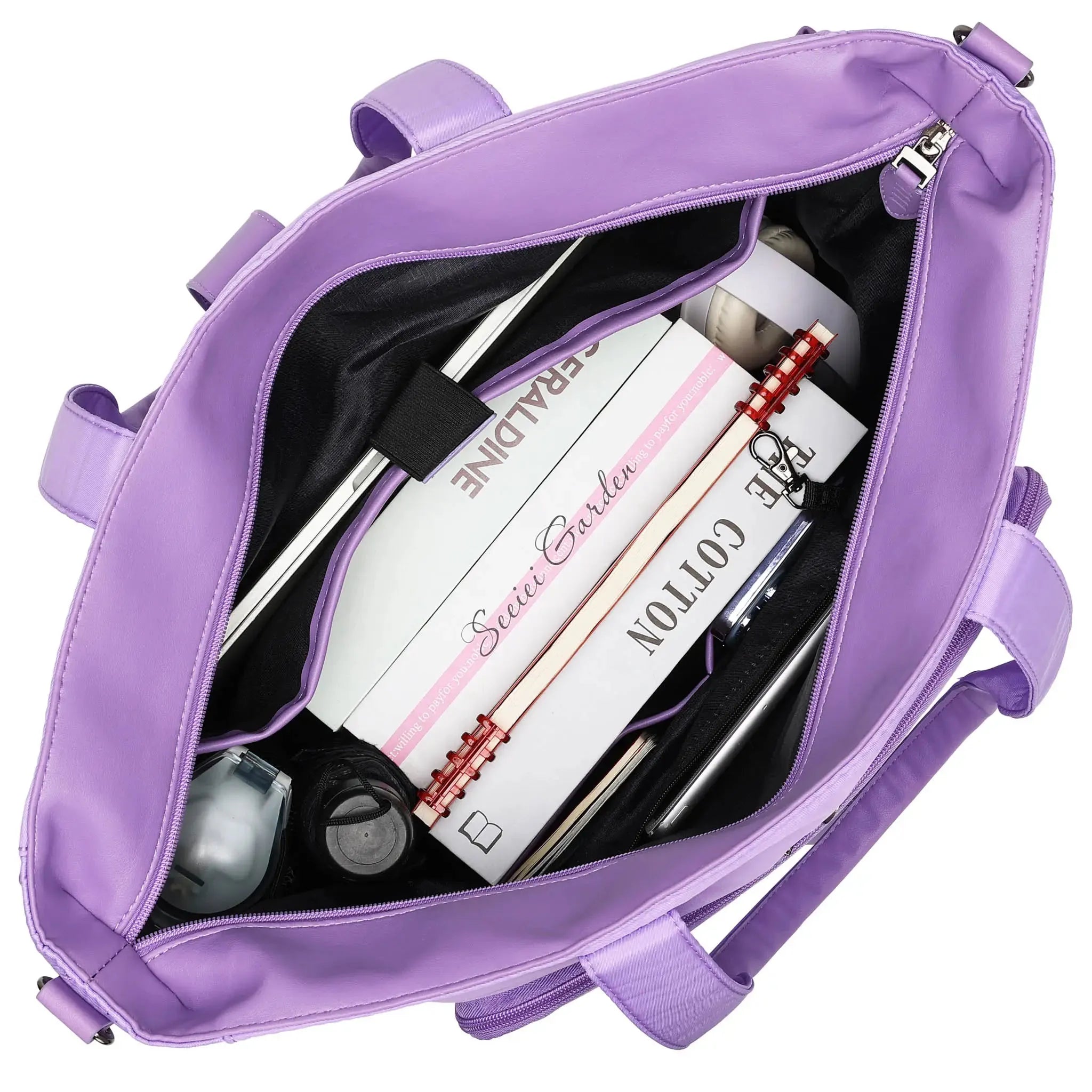 Purple bag with cosmetic products including a bottle of Coty perfume.