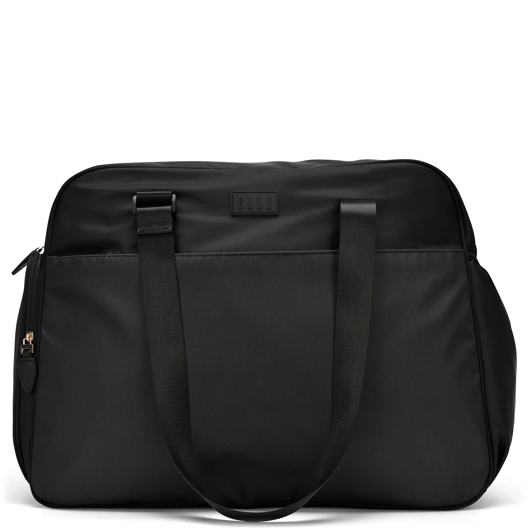 Black duffel bag with a visible brand logo on a white background