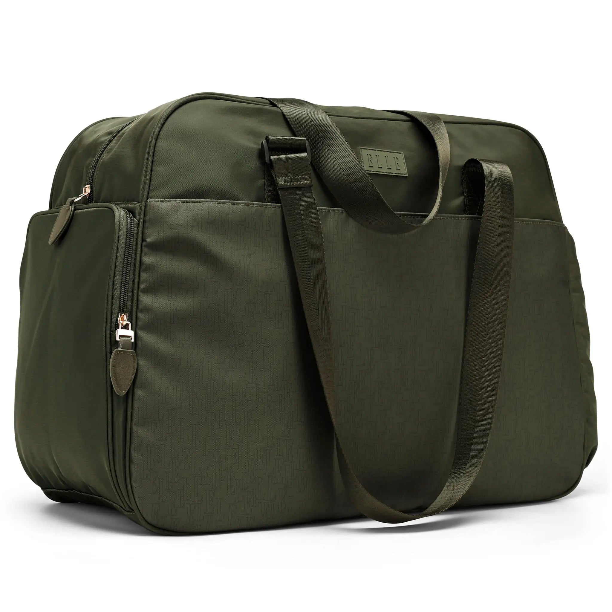 Green travel bag with handles and a visible brand logo on a white background