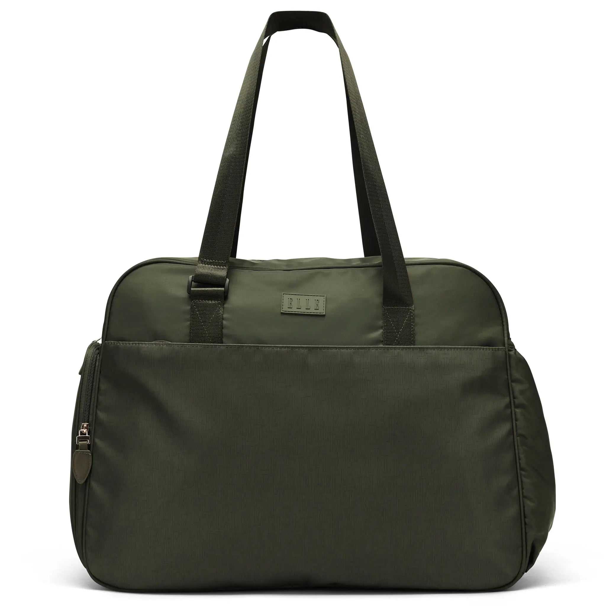 Green travel bag with a visible brand logo on a white background