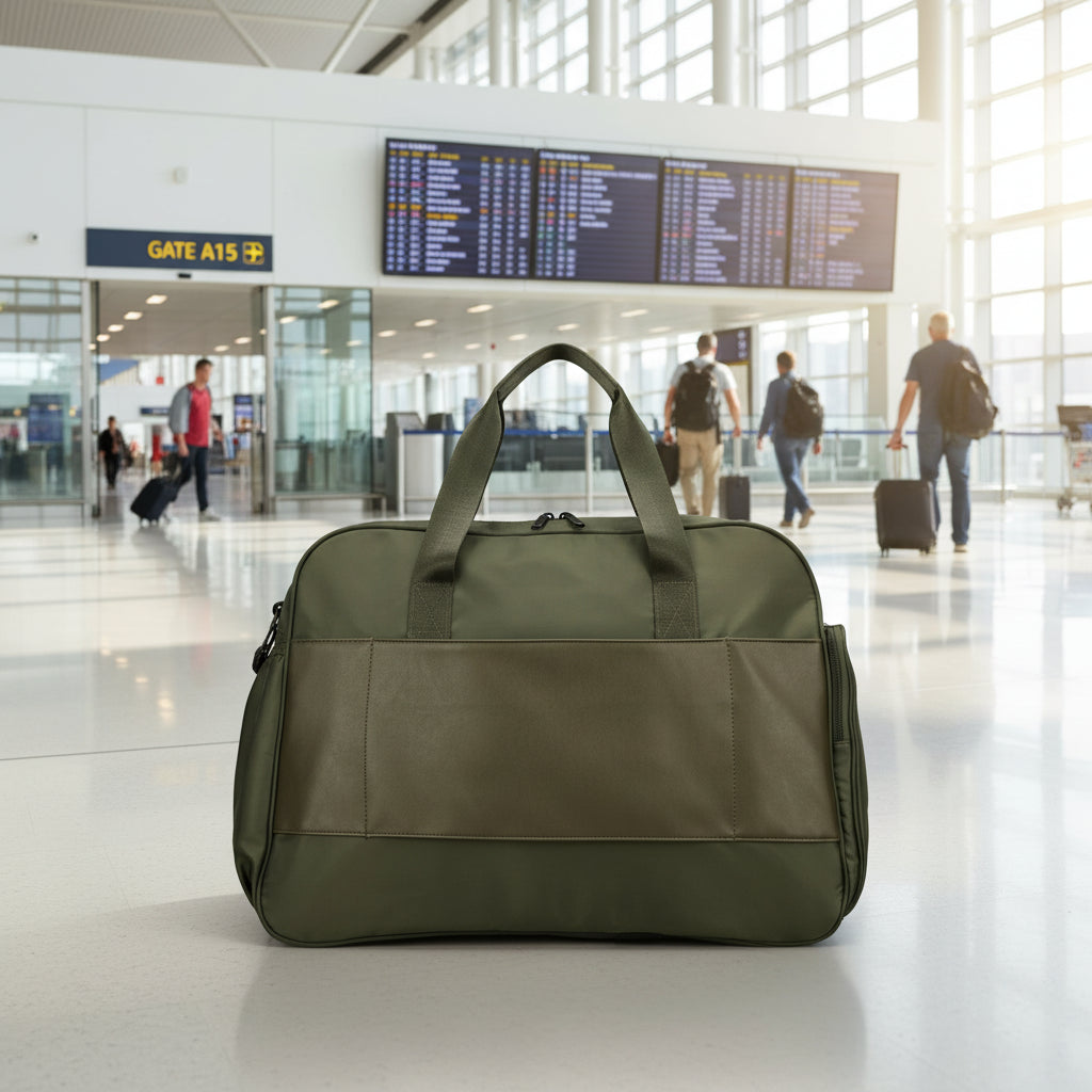 Green travel bag on top of a black suitcase with a white background