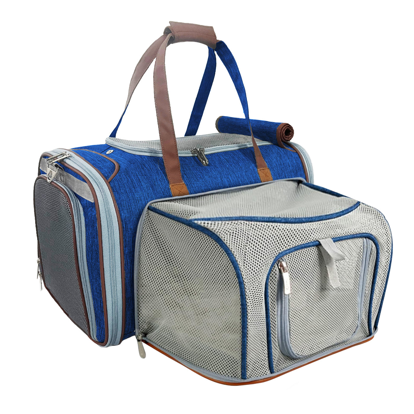 Blue and gray pet carrier with mesh sides on a white background
