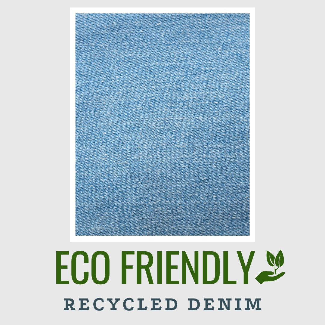 Blue denim fabric swatch with 'Eco Friendly Recycled Denim' text on a gray background