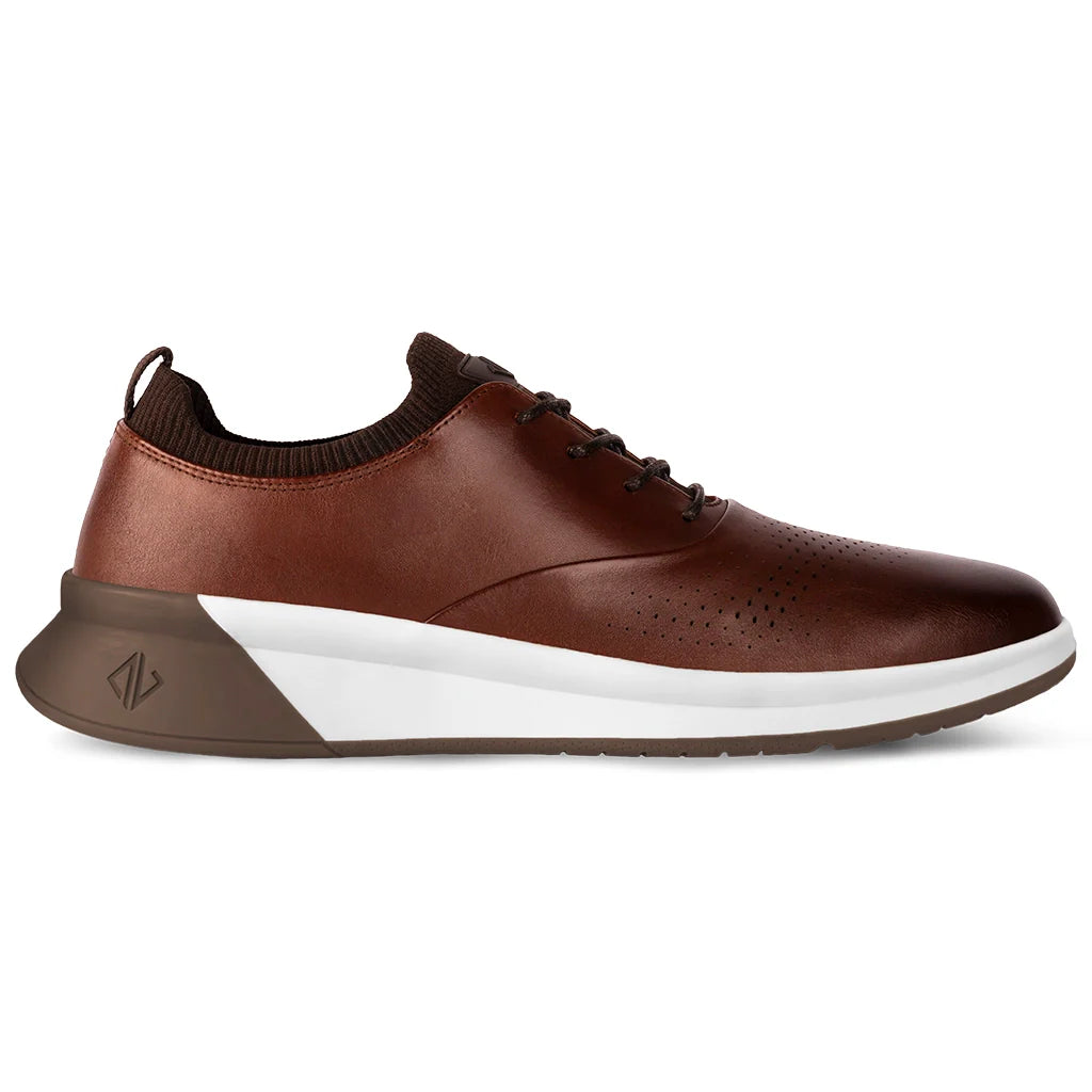 Brown leather shoe with white sole on a white background