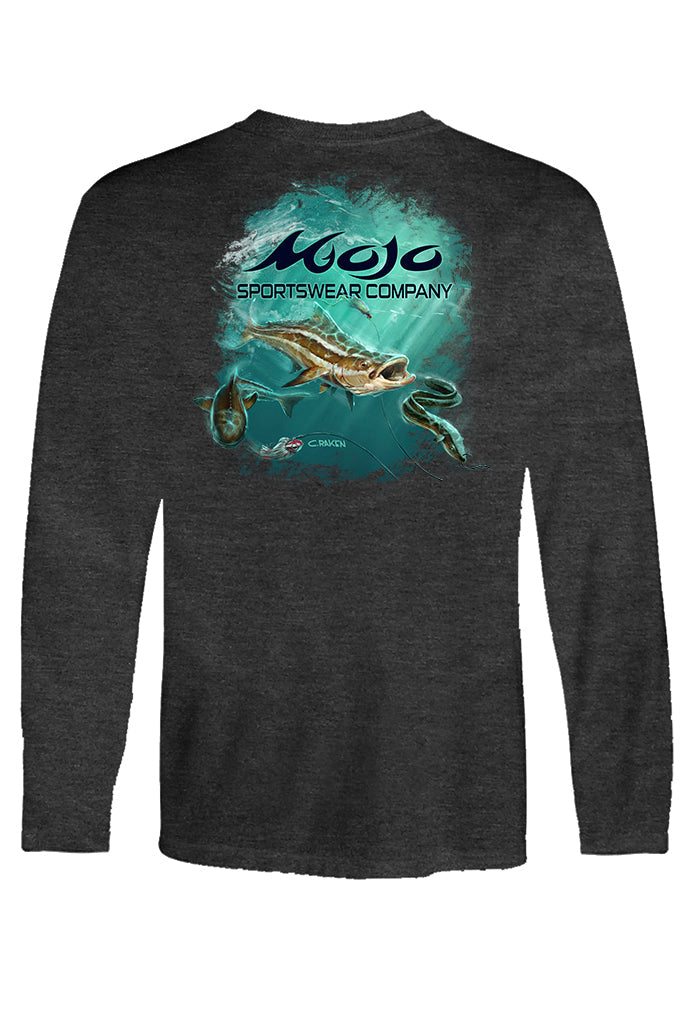 Long-sleeve shirt with a graphic of a fish and turtle, featuring the Mojo Sportswear Company logo on a white background.