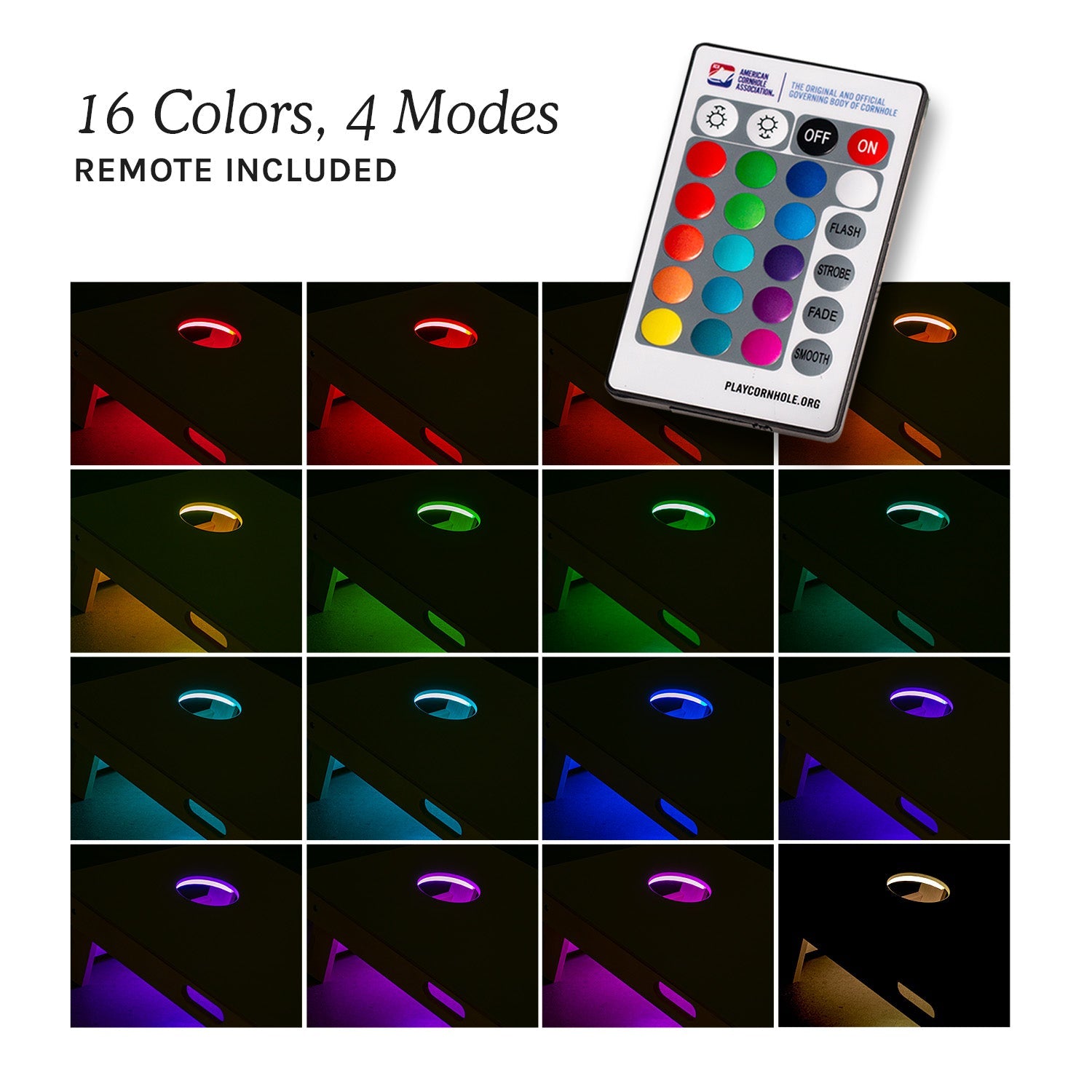 Color-changing LED lights with remote control showing various color modes.