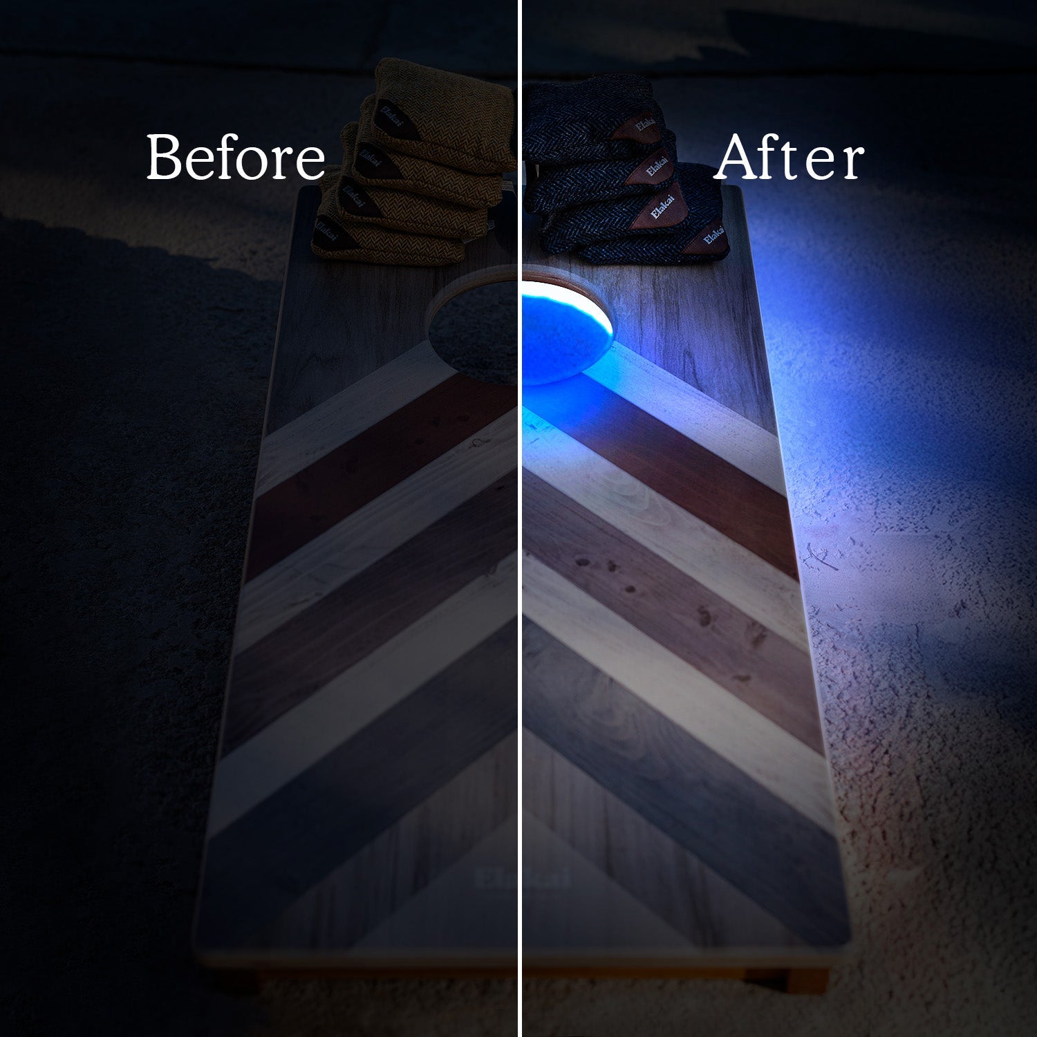 Before and after comparison of a wooden surface with a light source.