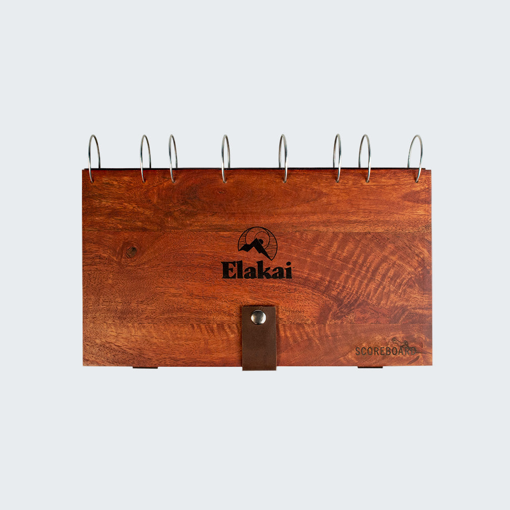 Wooden scoreboard with 'Elakai' branding on a white background