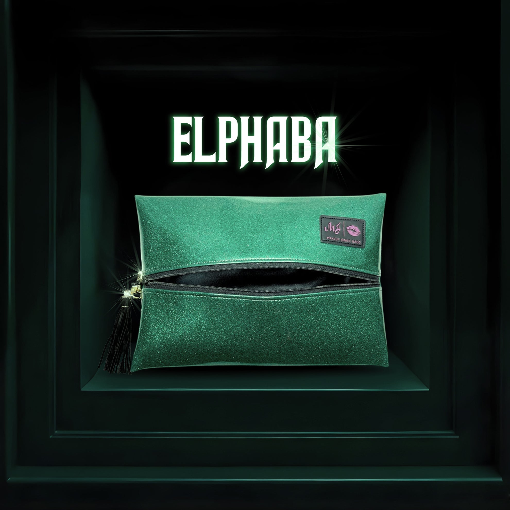 Green clutch bag with a visible brand logo on a dark background