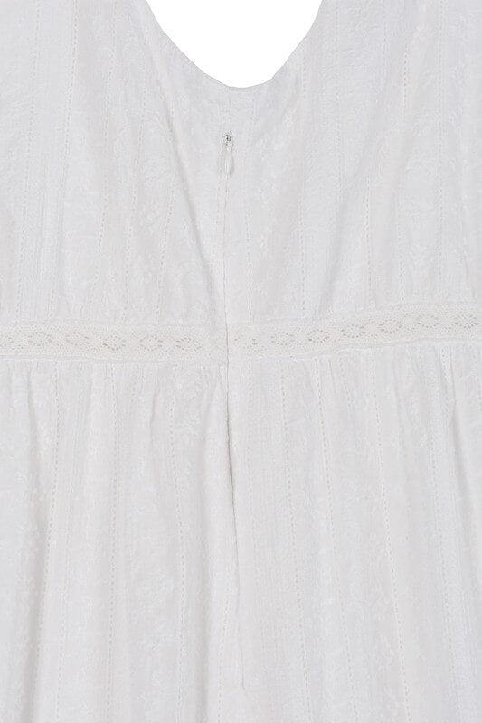 Embroidered White V Neckline Tiered Dress