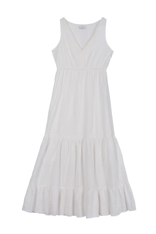 Embroidered White V Neckline Tiered Dress