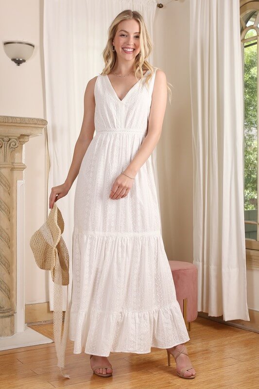 Embroidered White V Neckline Tiered Dress